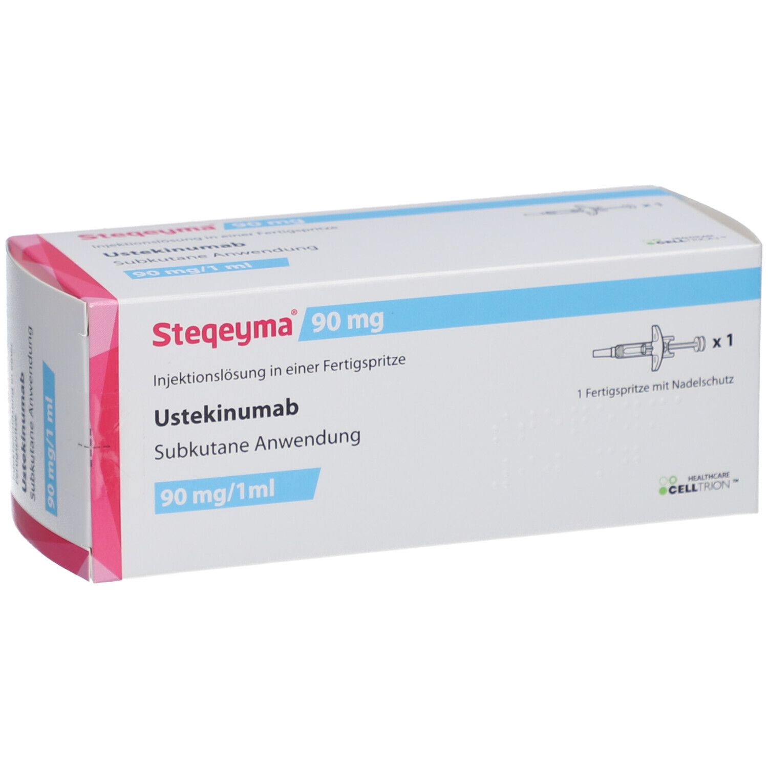 Steqeyma 90 mg Verpackung mit Fertigspritze. Text: Ustekinumab, subkutane Anwendung. Enthält eine Spritze mit Nadelschutz.