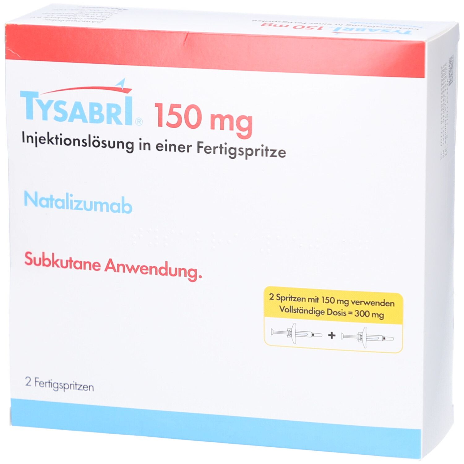 Verpackung von TYSABRI 150 mg Injektionslösung. Enthält 2 Fertigspritzen. Rote und weiße Farbgebung mit Produktinformationen.