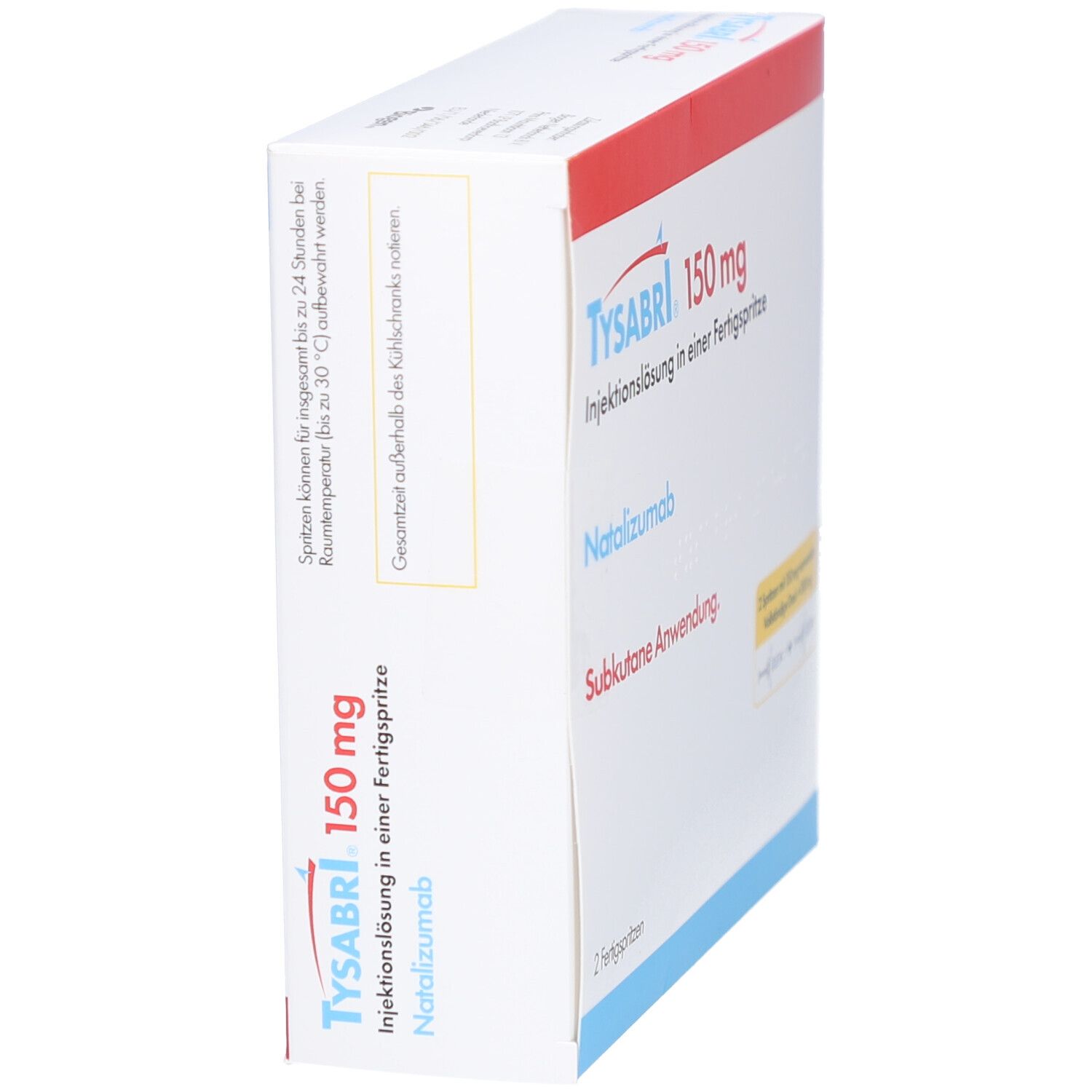 Schrägansicht der TYSABRI 150 mg Verpackung. Rote und weiße Farbgebung. Produktname und Informationen sind sichtbar.