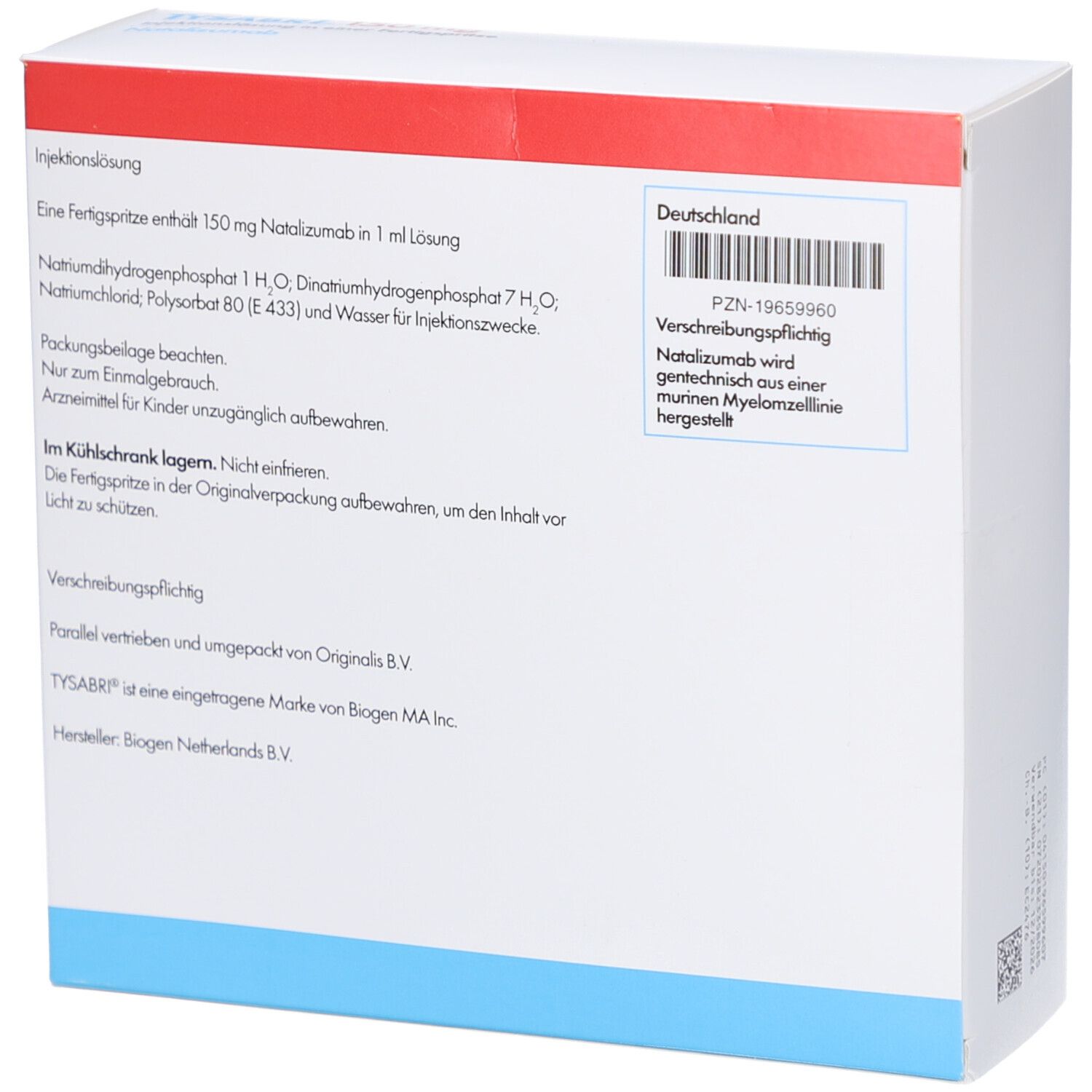 Rückseite der TYSABRI 150 mg Verpackung. Enthält Produktinformationen, Inhaltsstoffe und Herstellerangaben.