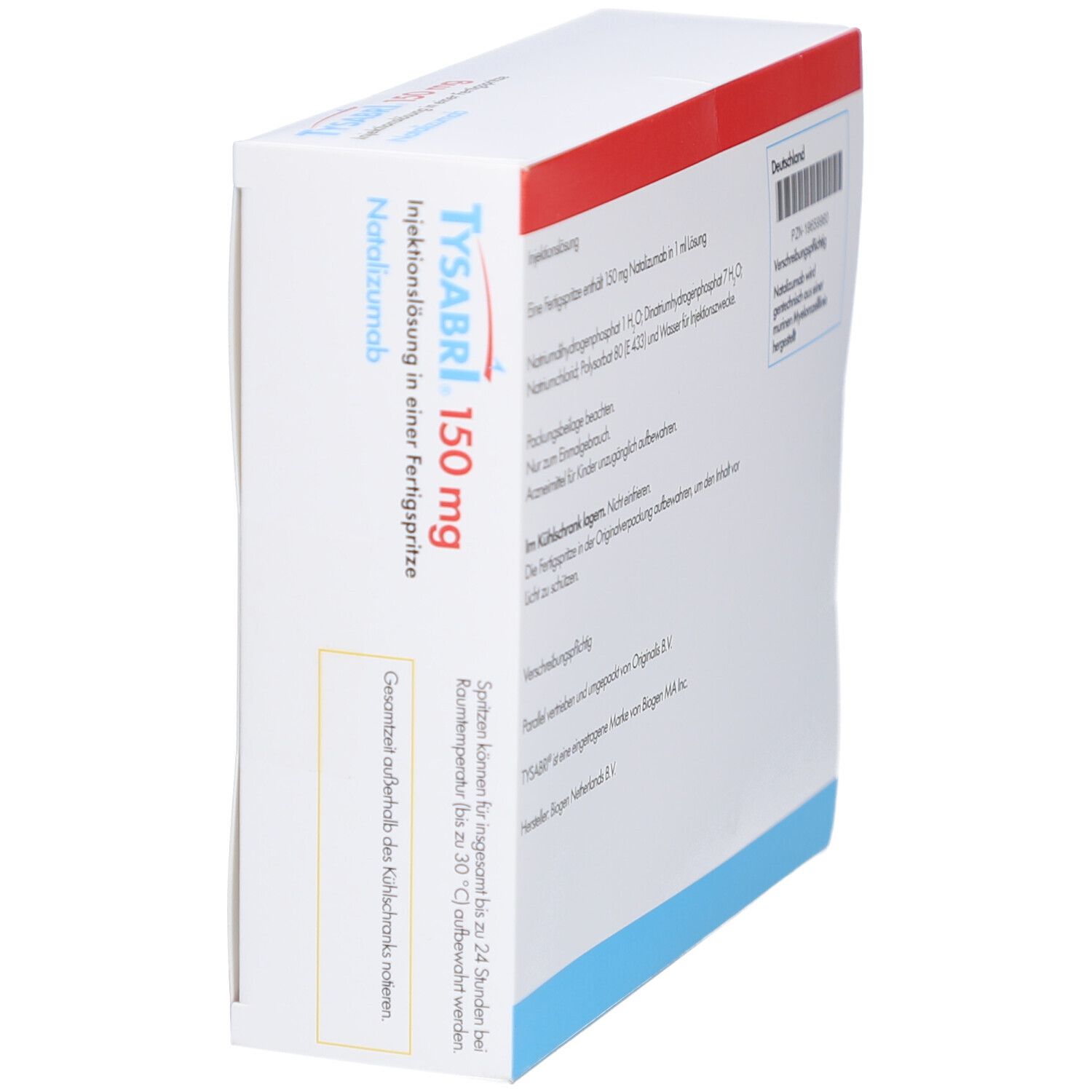 Schrägansicht der TYSABRI 150 mg Verpackung. Rote und weiße Farbgebung. Produktname und Informationen sind sichtbar.