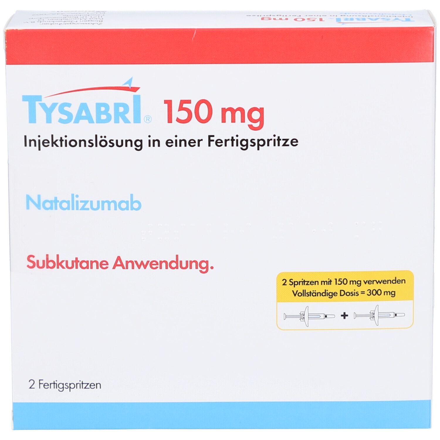 Verpackung von TYSABRI 150 mg Injektionslösung. Enthält 2 Fertigspritzen. Rote und weiße Farbgebung mit Produktinformationen.