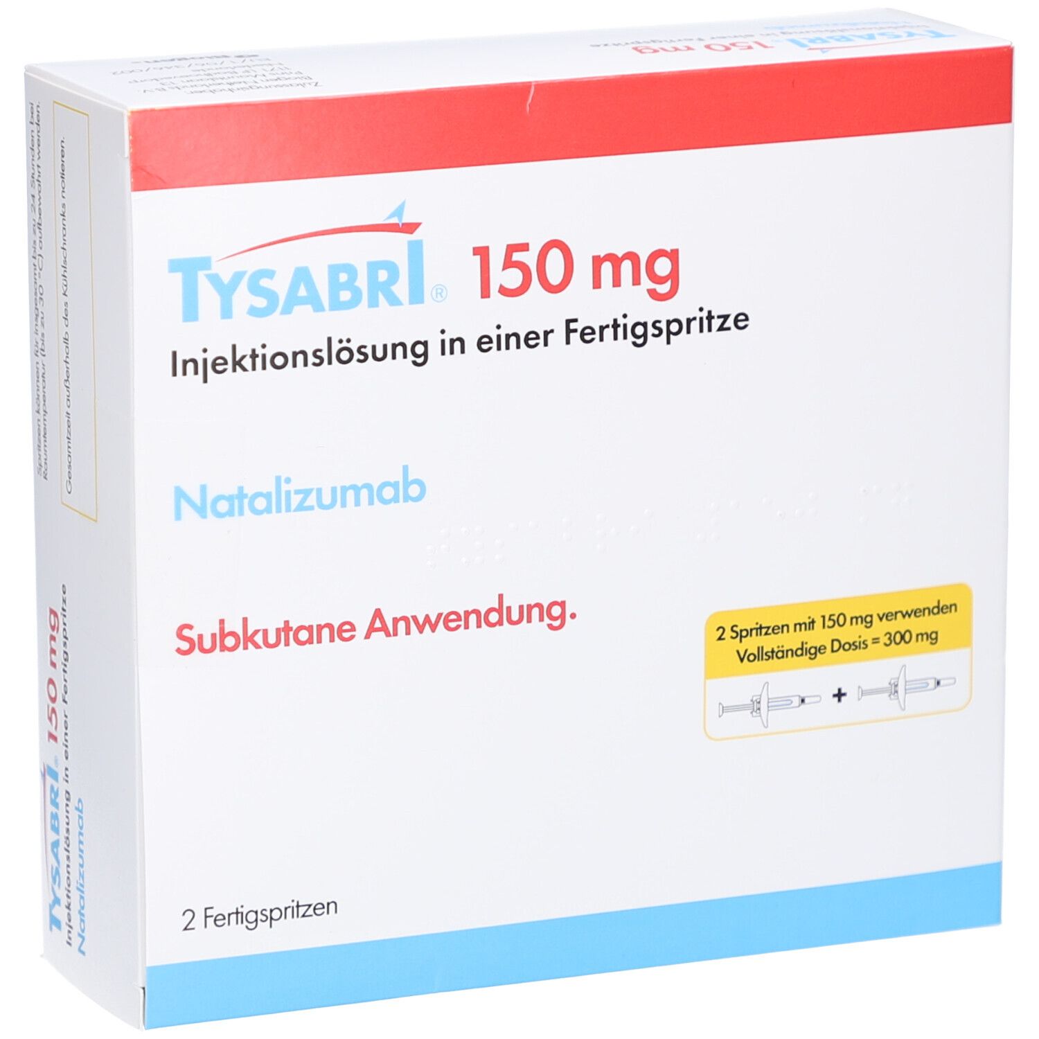 Verpackung von TYSABRI 150 mg Injektionslösung. Enthält 2 Fertigspritzen. Rote und weiße Farbgebung mit Produktinformationen.