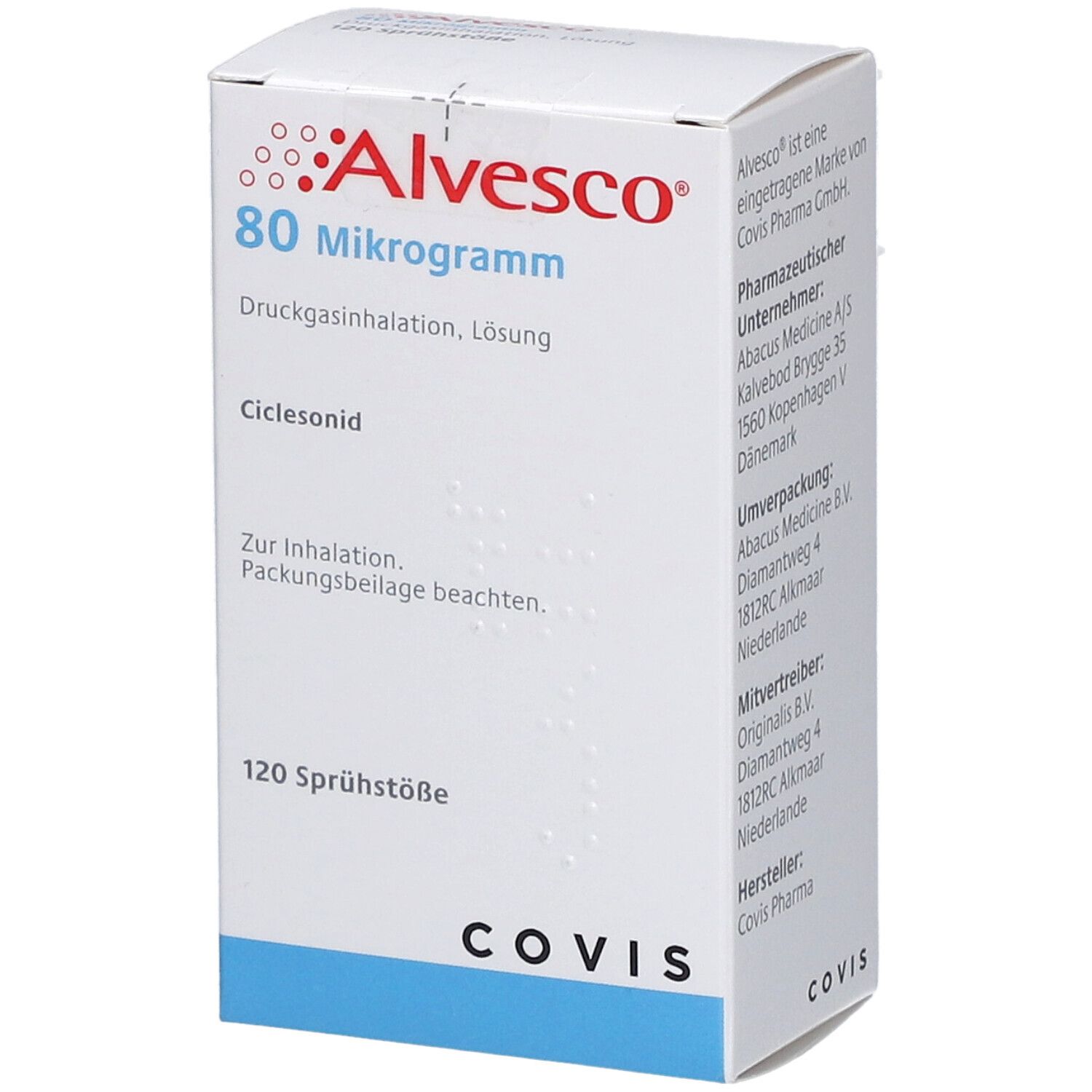 Weiße Schachtel mit roter Aufschrift: Alvsco 80 Mikrogramm. Druckgasinhalation, Lösung. 120 Sprühstöße. COVIS Logo.
