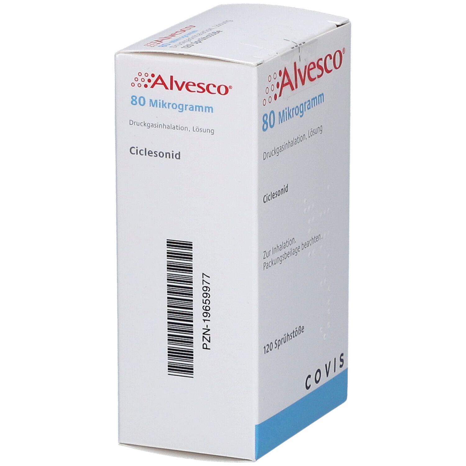 Weiße Schachtel mit roter Aufschrift: Alvsco 80 Mikrogramm. Druckgasinhalation, Lösung. Barcode und COVIS Logo.