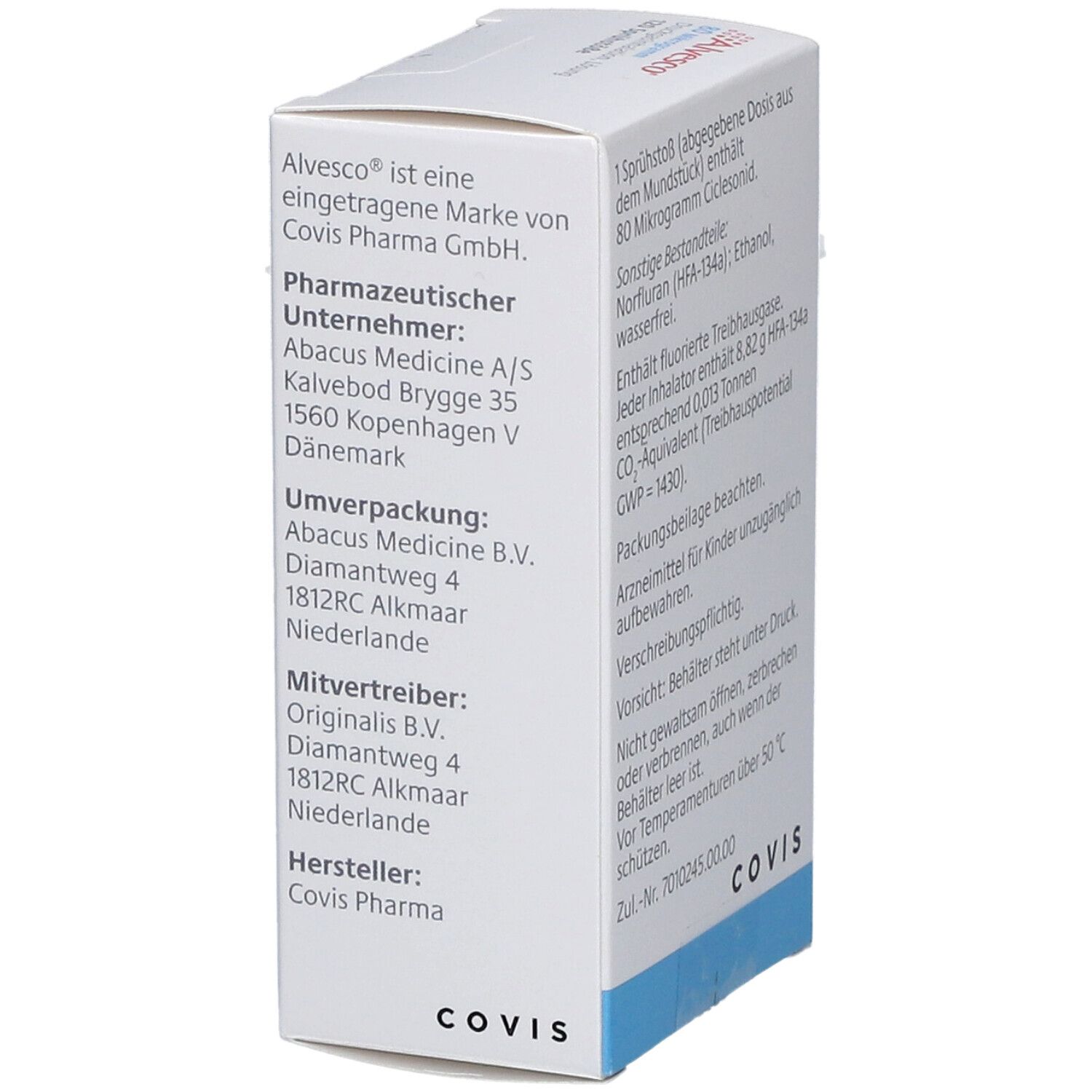 Seite der weißen Schachtel. Text: Alvsco ist eine eingetragene Marke. Pharmazeutische Unternehmen. COVIS Logo.