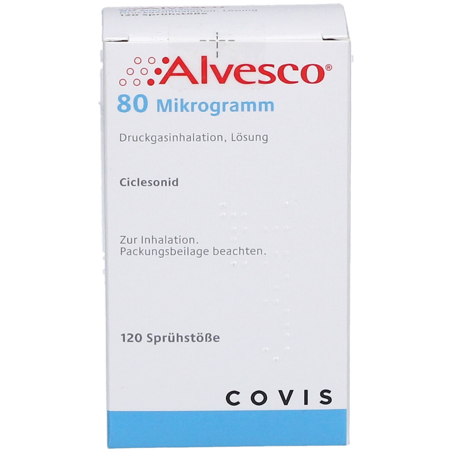 Weiße Schachtel mit roter Aufschrift: Alvsco 80 Mikrogramm. Druckgasinhalation, Lösung. COVIS Logo.