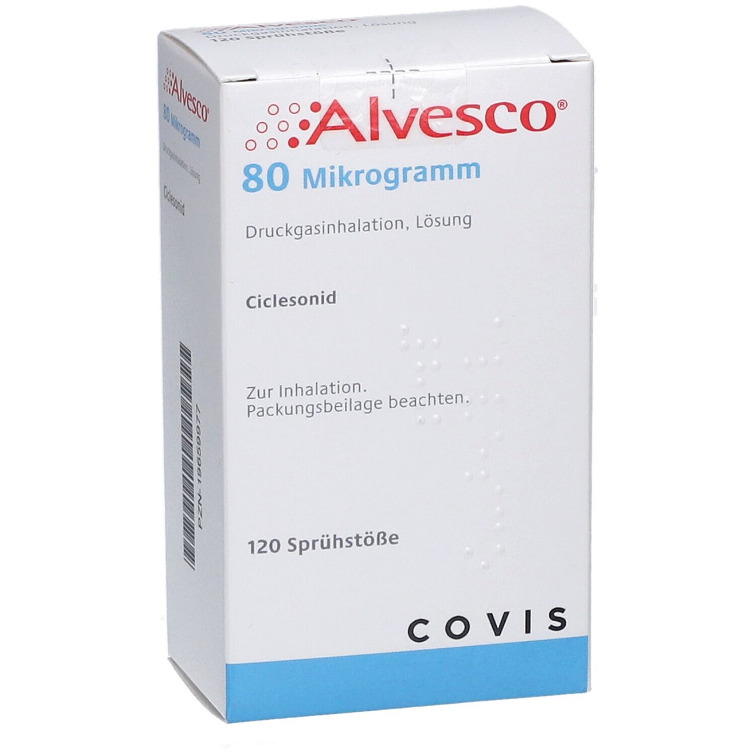 Weiße Schachtel mit roter Aufschrift: Alvsco 80 Mikrogramm. Druckgasinhalation, Lösung. COVIS Logo.