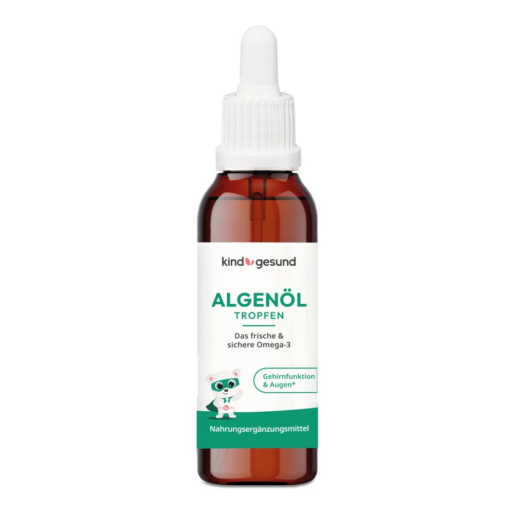 Braune Flasche mit Tropfer. kindgesund® Algenöl Tropfen. Für Gehirnfunktion & Augen. Nahrungsergänzungsmittel.