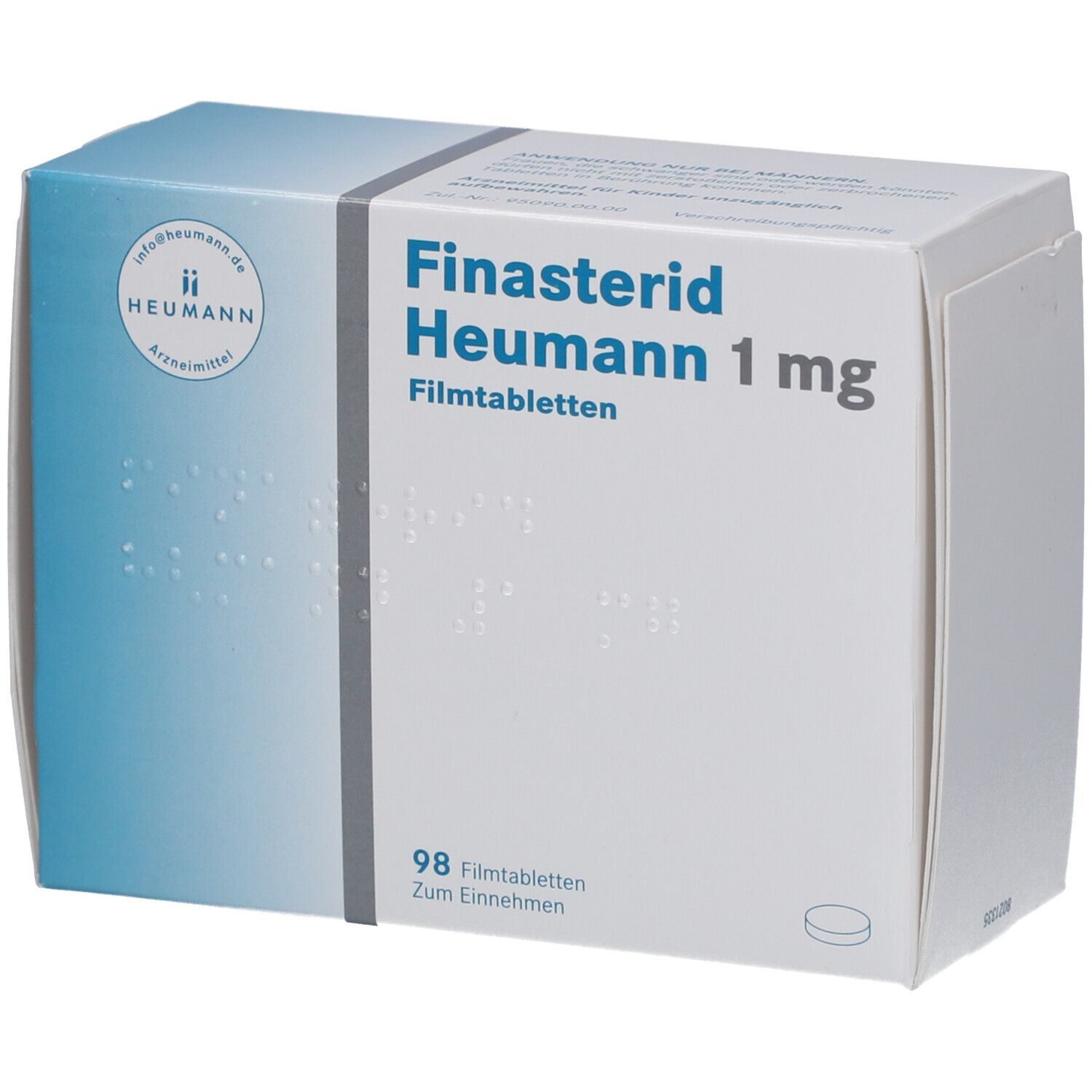 Schachtel mit FINASTERID Heumann 1 mg Filmtabletten. Aufschrift: 98 Filmtabletten. Logo Heumann. Weiße und blaue Verpackung.