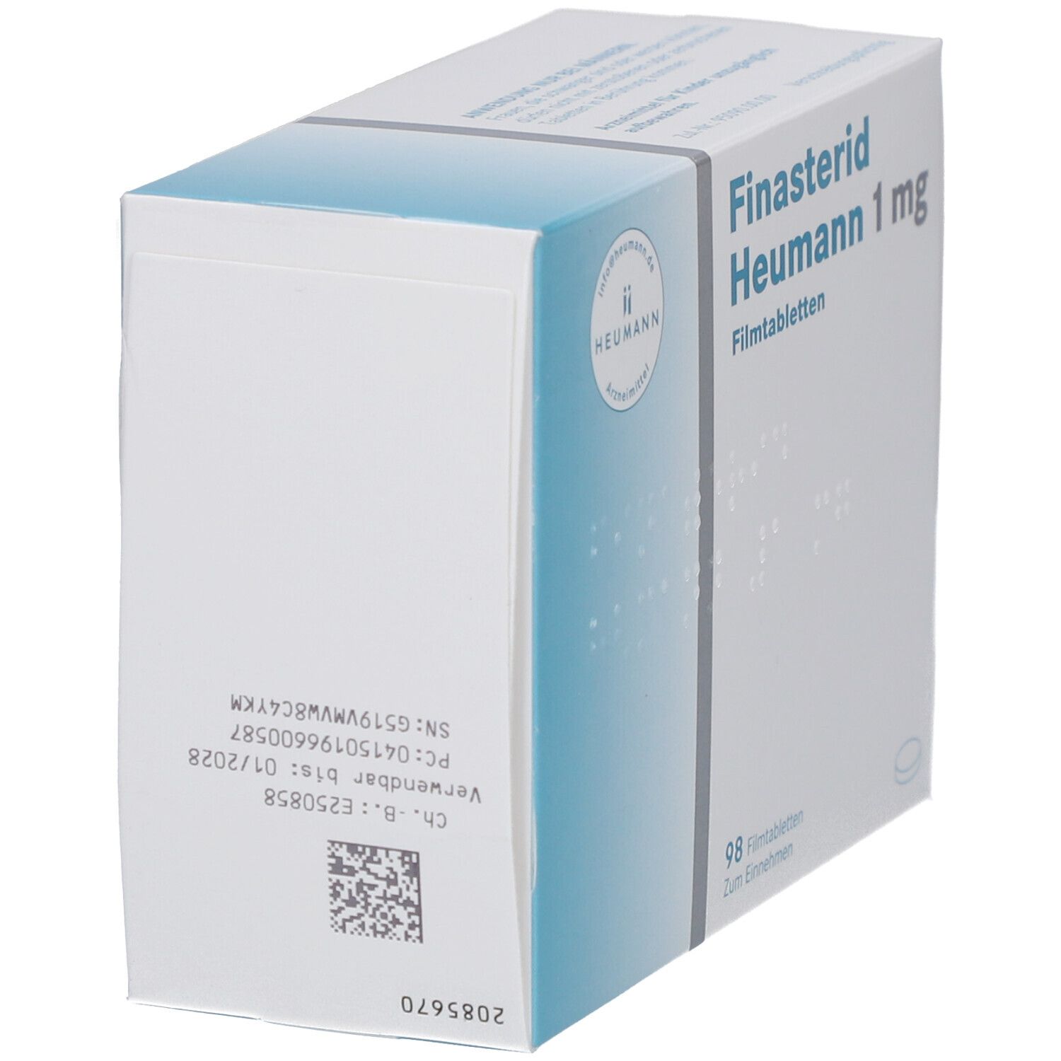 Verpackung von FINASTERID Heumann 1 mg Filmtabletten. Aufschrift: 98 Filmtabletten. Logo Heumann. Weiße und blaue Verpackung.