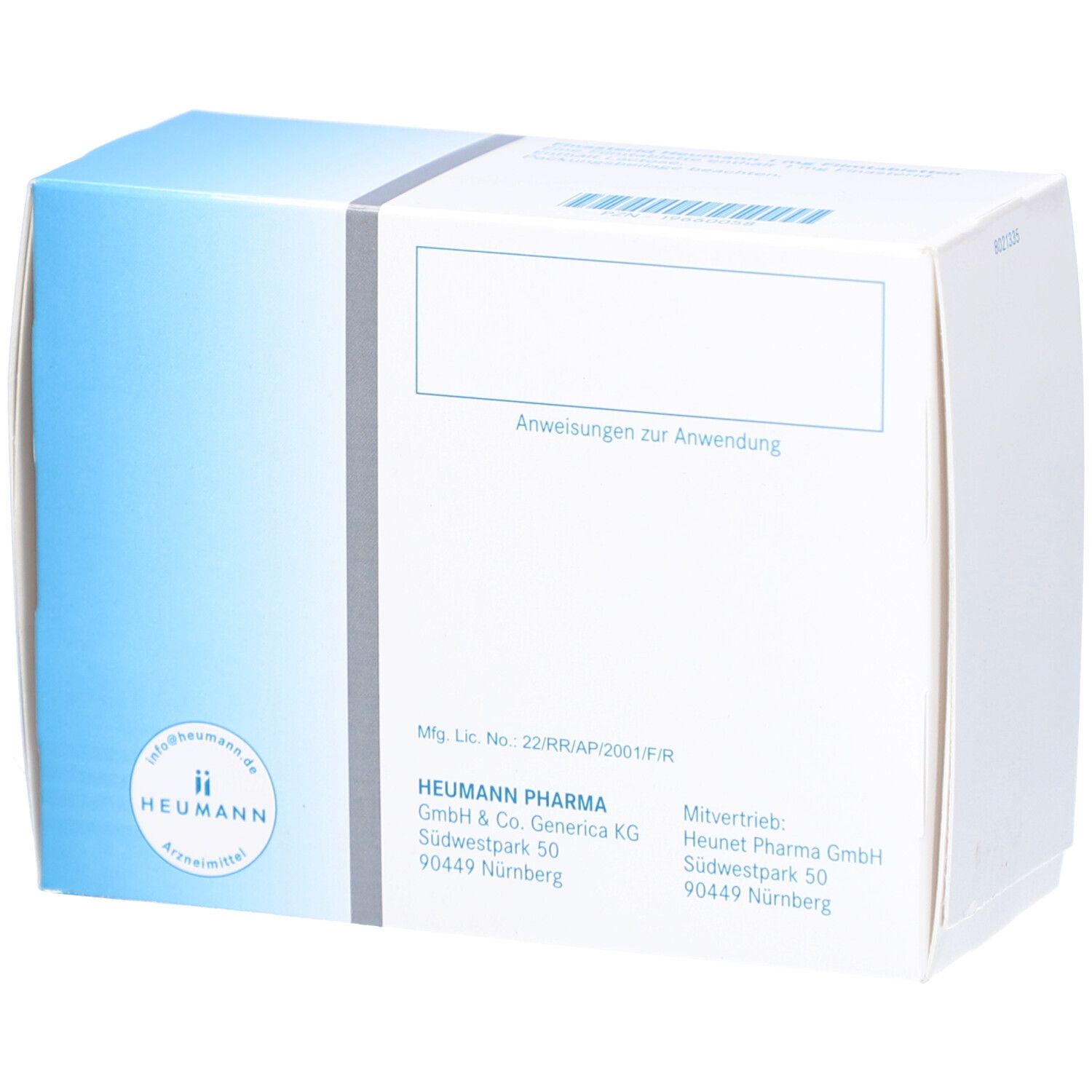 Verpackung von FINASTERID Heumann 1 mg Filmtabletten. Aufschrift: Heumann Pharma. Weiße und blaue Verpackung.