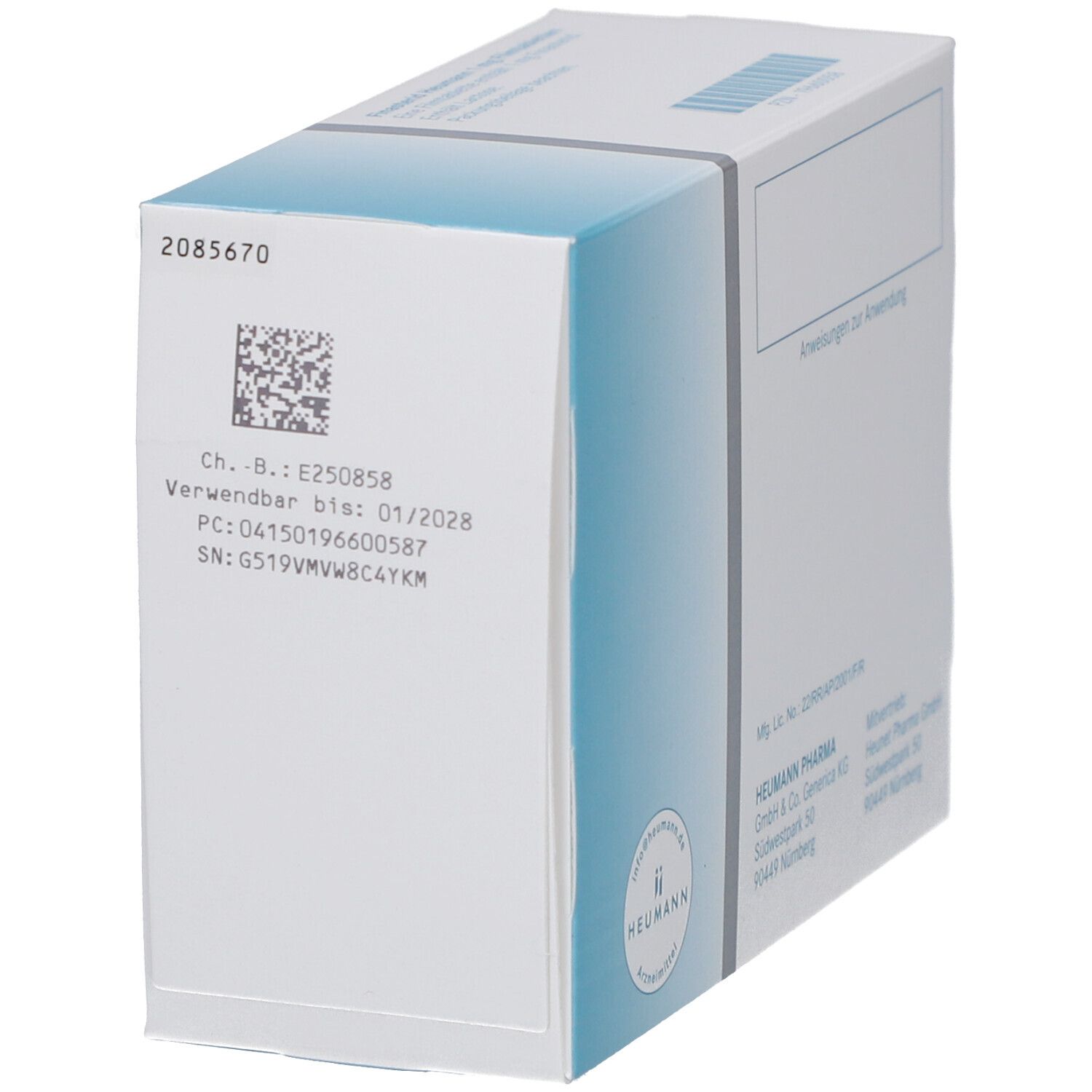 Verpackung von FINASTERID Heumann 1 mg Filmtabletten. Aufschrift: Heumann Pharma. Weiße und blaue Verpackung.
