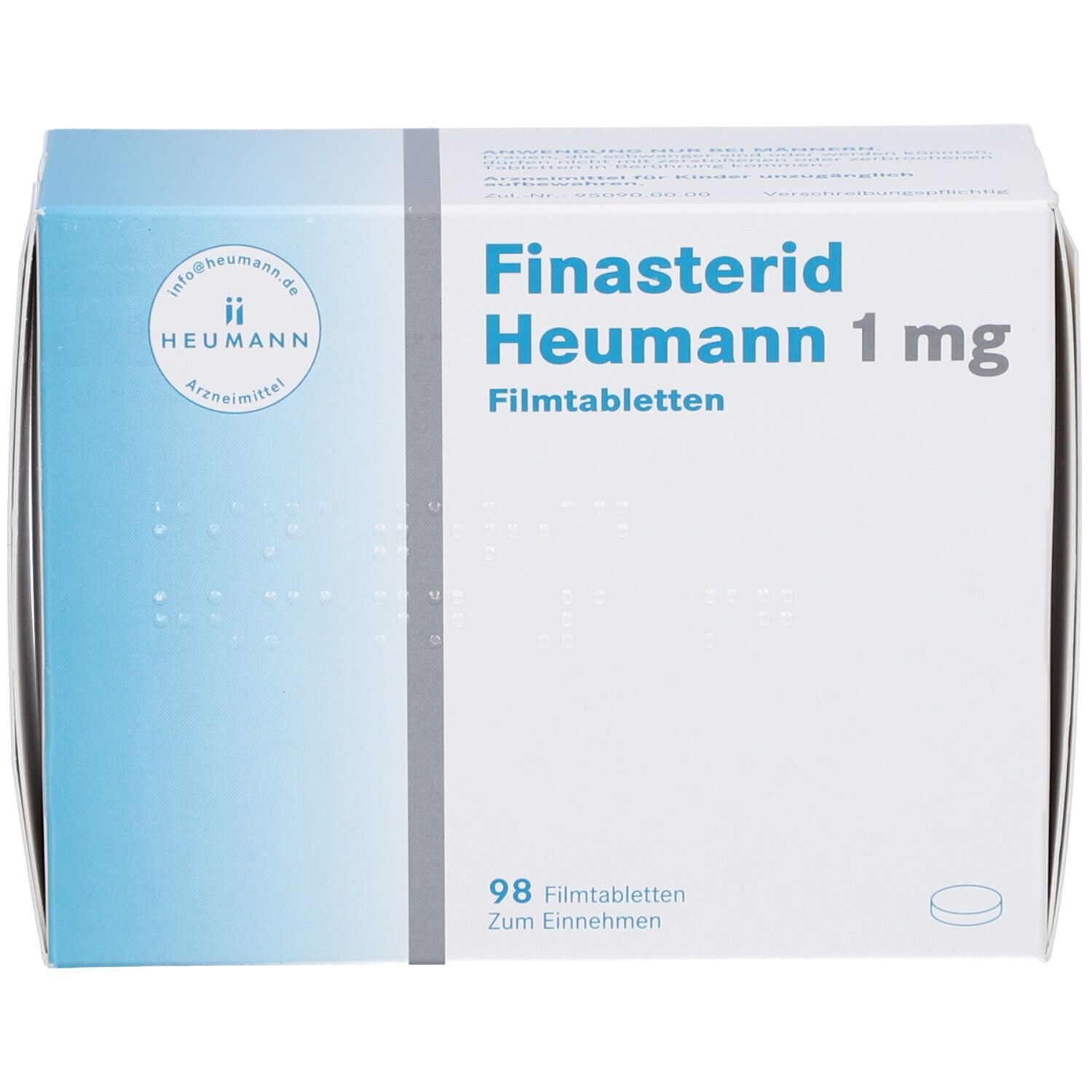 Schachtel mit FINASTERID Heumann 1 mg Filmtabletten. Aufschrift: 98 Filmtabletten. Logo Heumann. Weiße und blaue Verpackung.