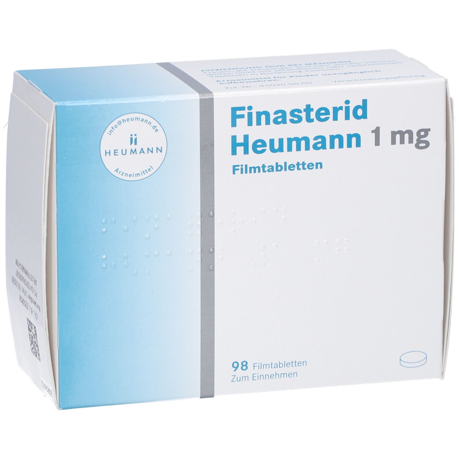 Schachtel "Finasterid Heumann 1 mg Filmtabletten". Enthält 98 Tabletten. Logo "Heumann".