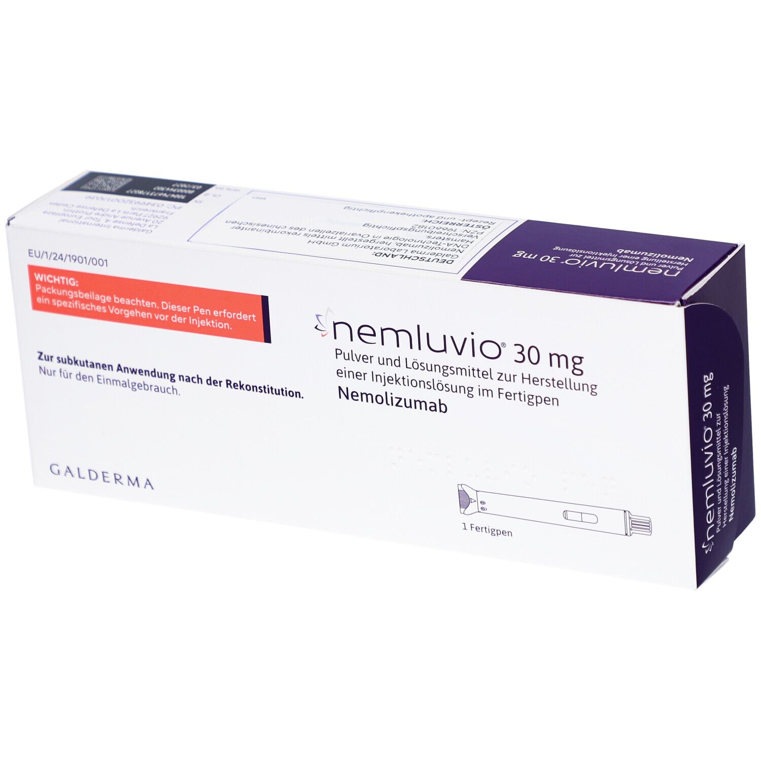 Karton mit NEMLUVIO 30 mg. Aufschrift: Pulver und Lösungsmittel zur Herstellung einer Injektionslösung im Fertigpen. Galderma.