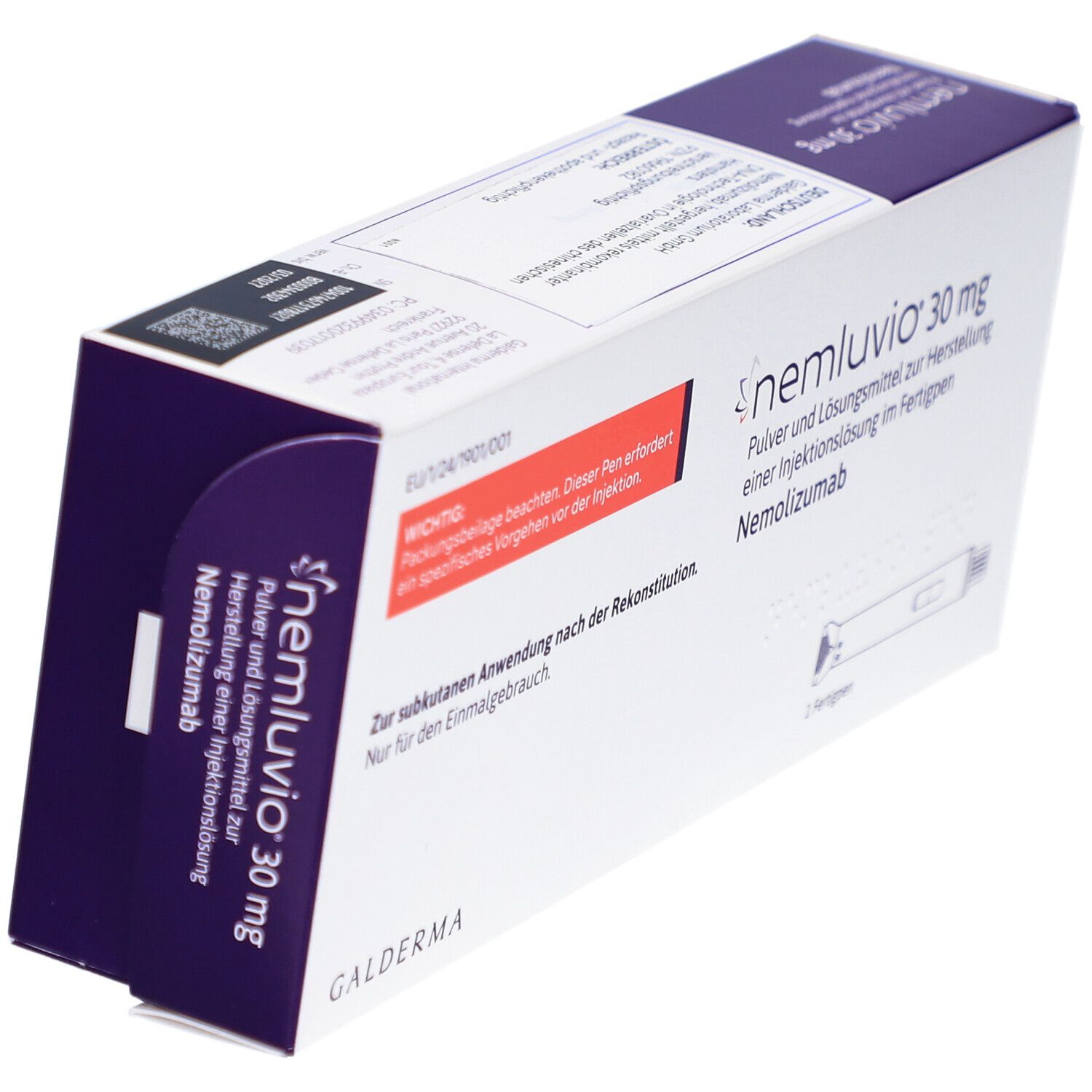 Karton NEMLUVIO 30 mg, schräg. Aufschrift: Pulver und Lösungsmittel zur Herstellung einer Injektionslösung im Fertigpen. Galderma.