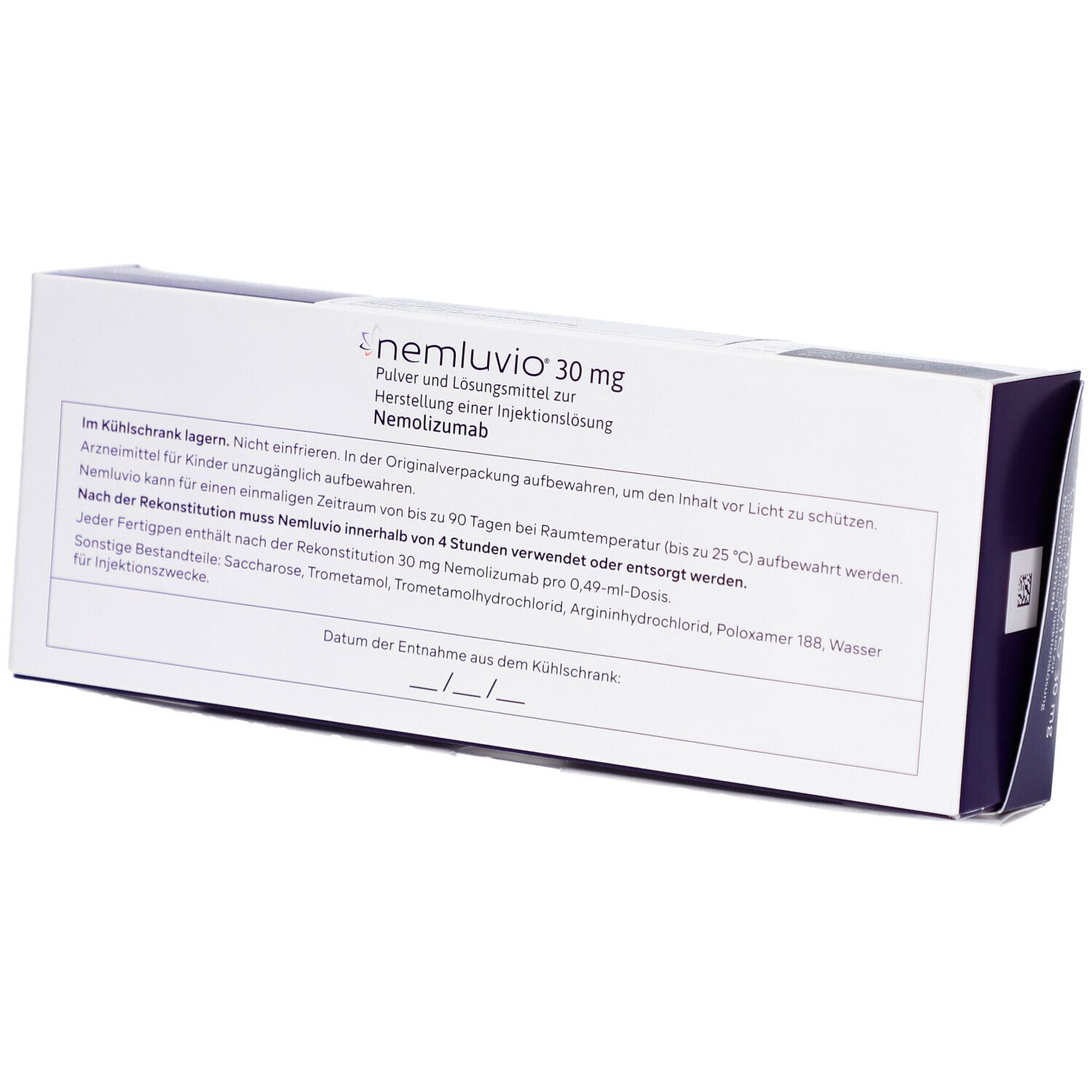 Rückseite der NEMLUVIO 30 mg Verpackung. Enthält Informationen zu Lagerung, Inhaltsstoffen und Haltbarkeit.