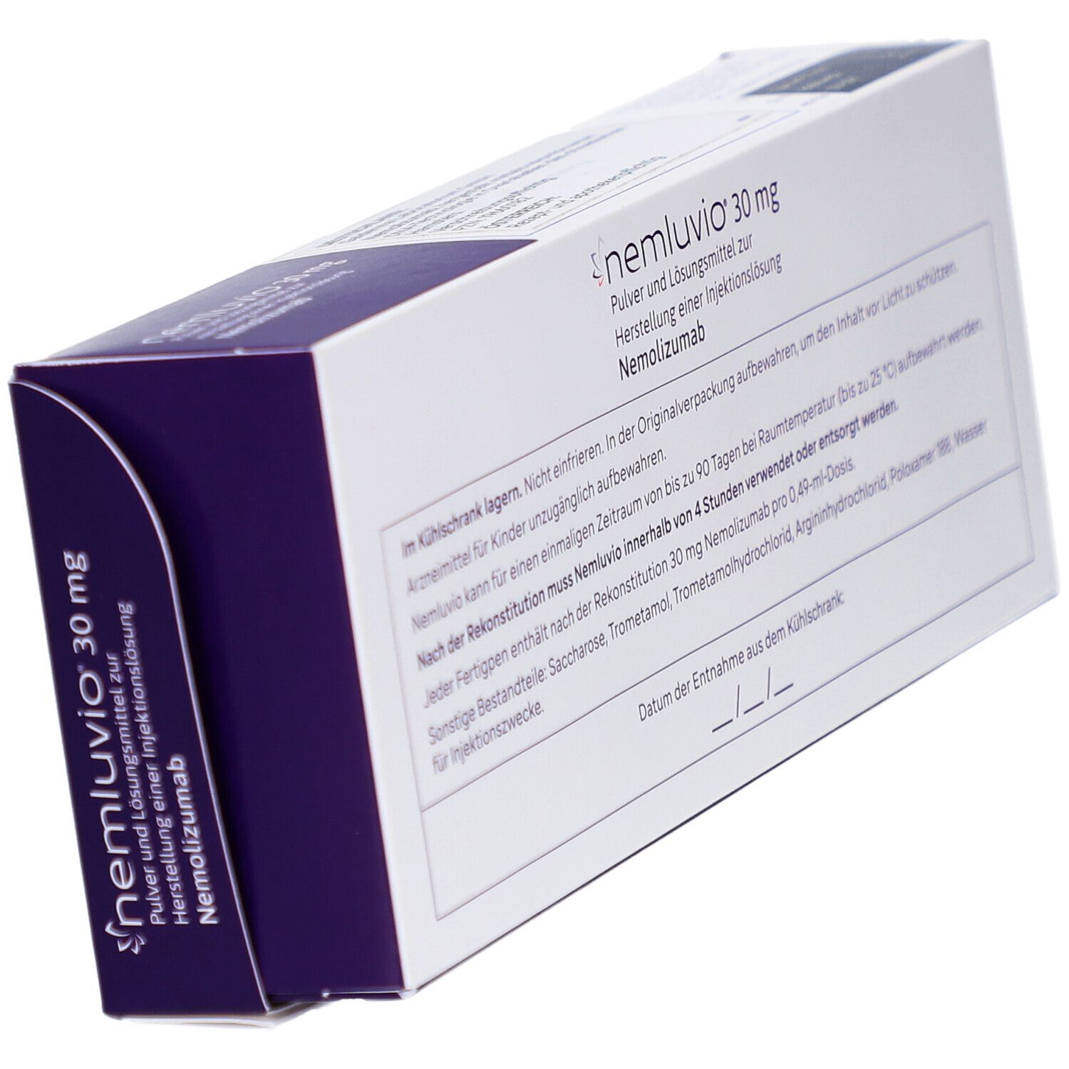Rückseite der NEMLUVIO 30 mg Verpackung, schräg. Enthält Informationen zu Lagerung, Inhaltsstoffen und Haltbarkeit.