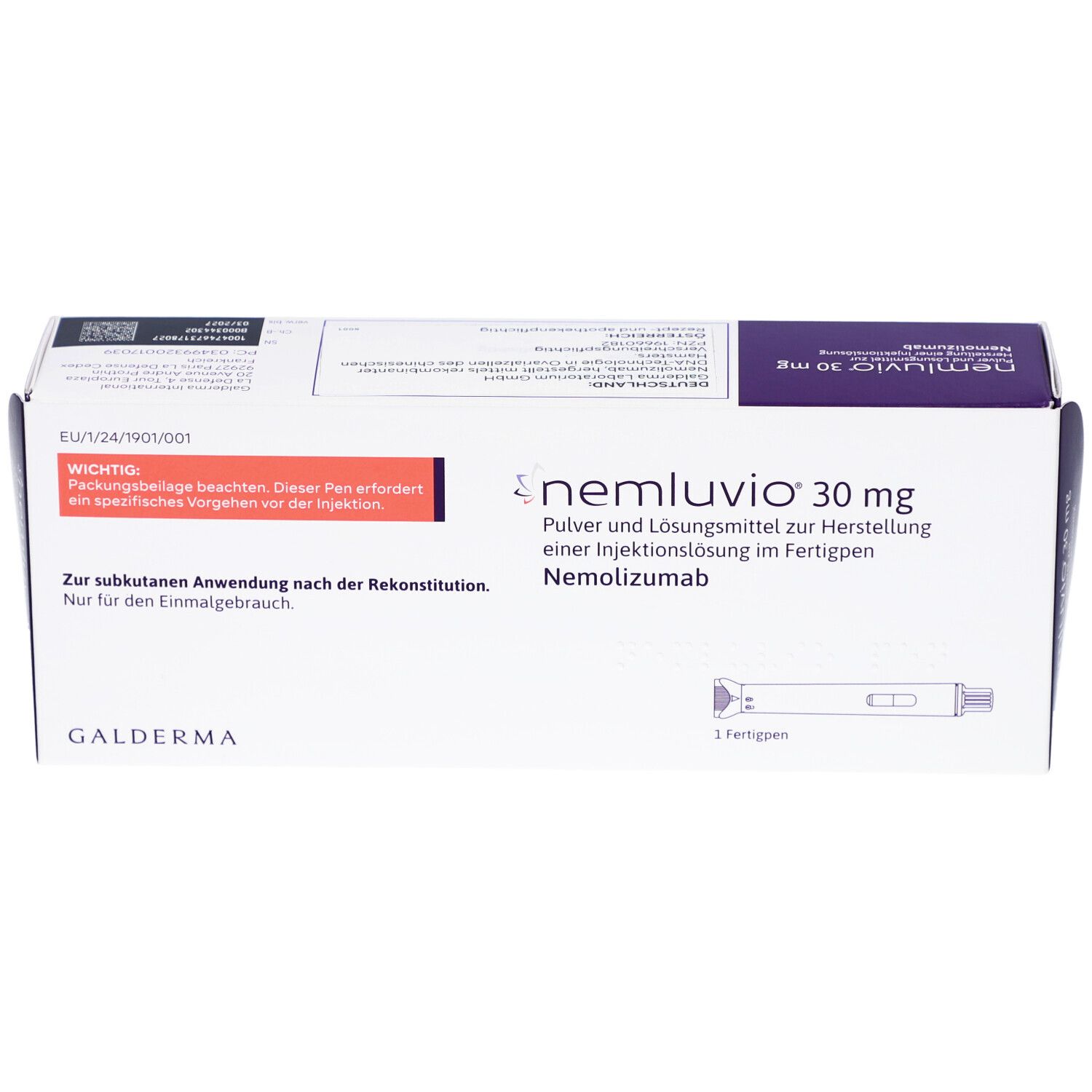 Karton NEMLUVIO 30 mg. Aufschrift: Pulver und Lösungsmittel zur Herstellung einer Injektionslösung im Fertigpen. Galderma.