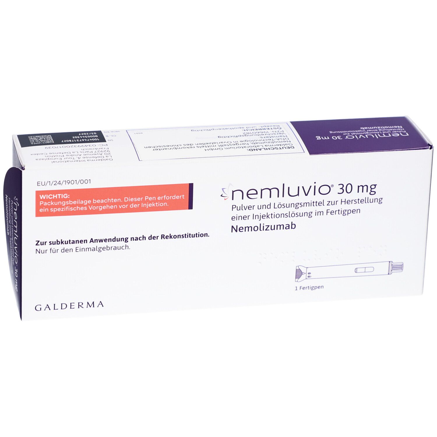 Karton NEMLUVIO 30 mg. Aufschrift: Pulver und Lösungsmittel zur Herstellung einer Injektionslösung im Fertigpen. Galderma.