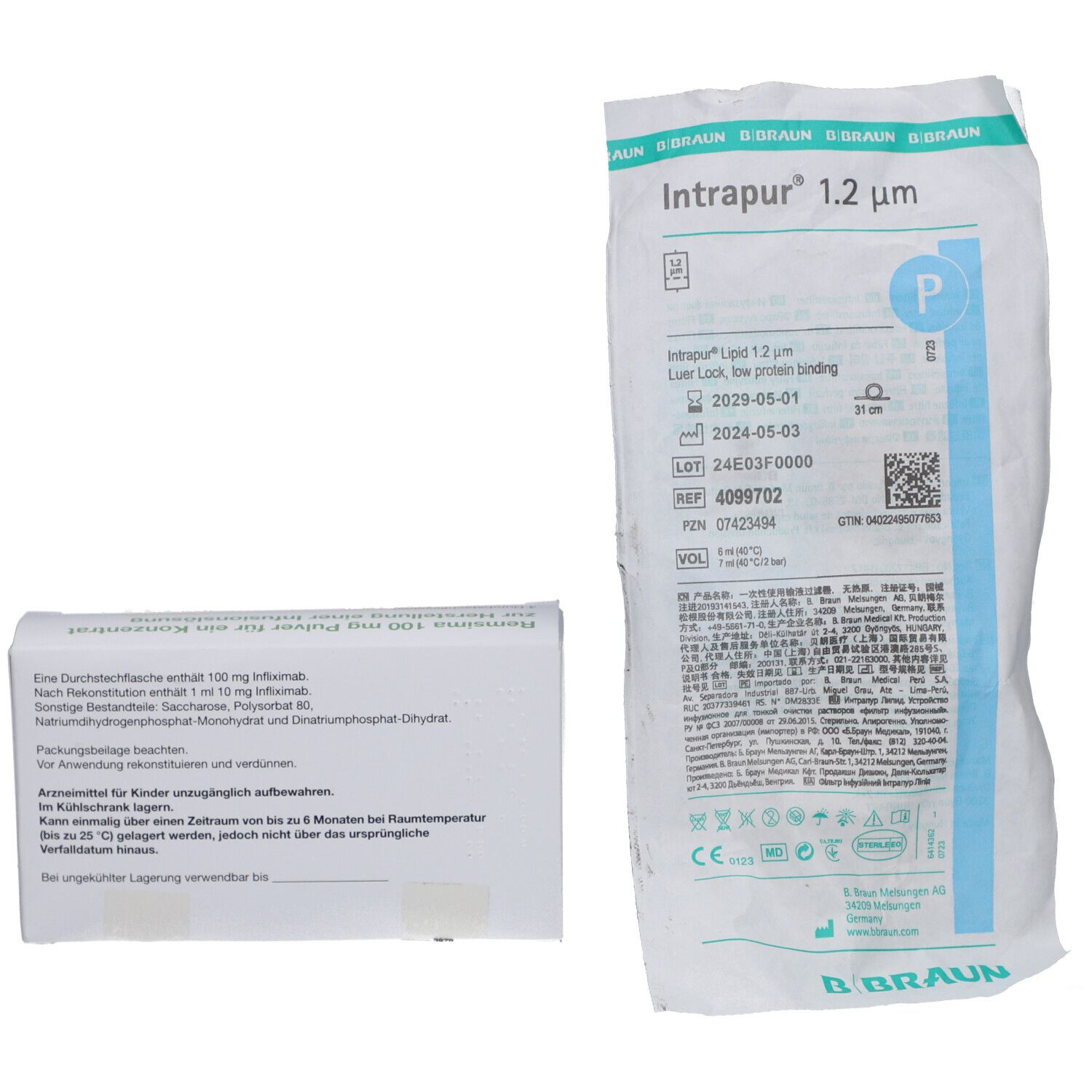 Karton mit Text und Infusionsbeutel mit Aufschrift Intrapur 1.2 µm.