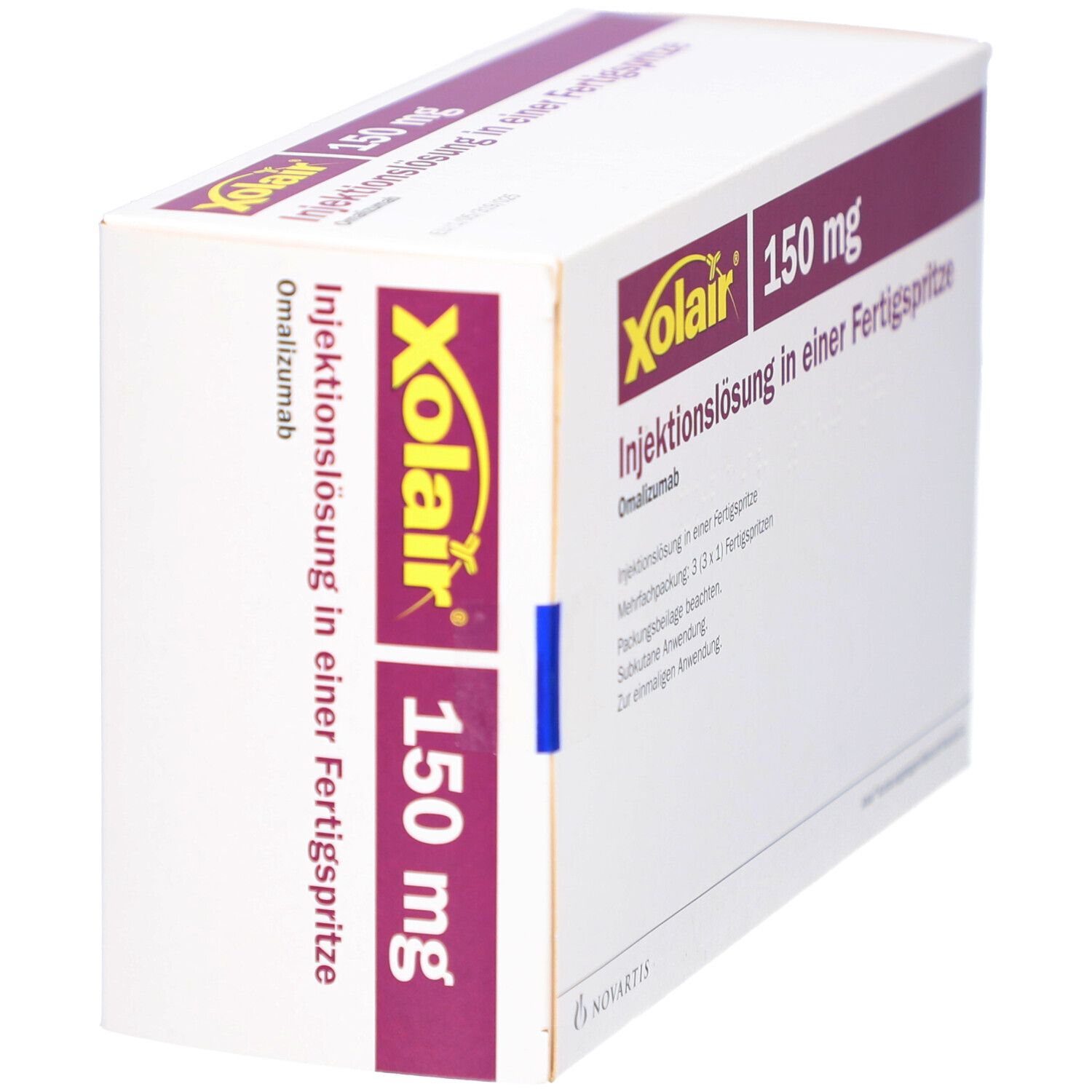 Schachtel Xolair 150 mg, Injektionslösung in Fertigspritze. Lila Akzent. Novartis-Logo. Seitenansicht.