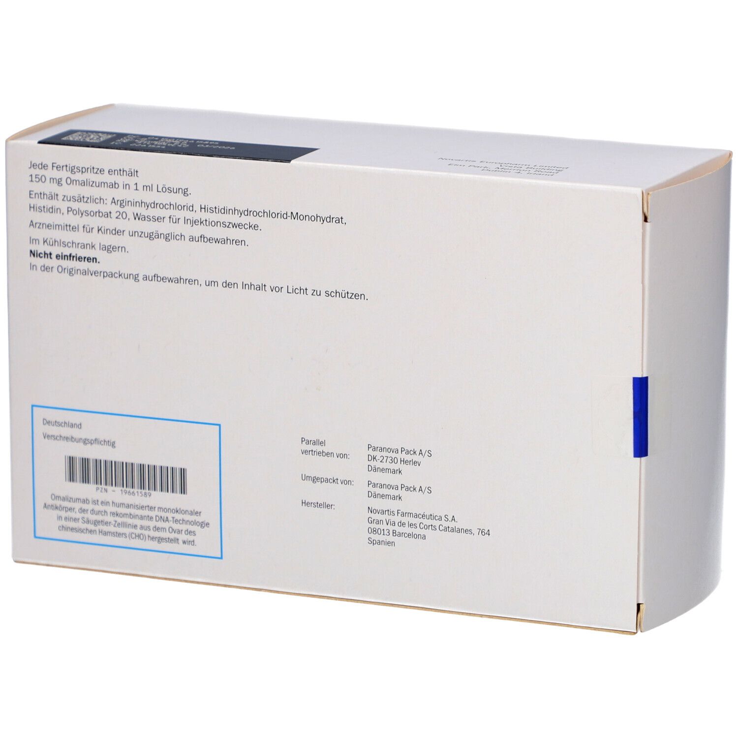 Rückseite der Xolair-Verpackung. Textinformationen, Barcode, Herstellerangaben. Weißer Hintergrund.