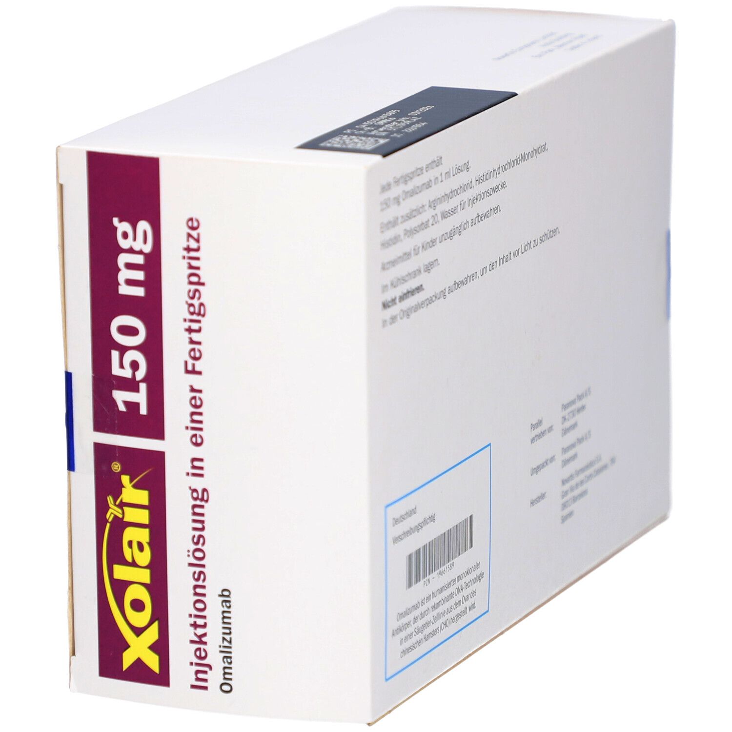 Schräg gestellter weißer Karton mit lila Akzenten. Aufschrift: Xolair 150 mg Injektionslösung in einer Fertigspritze.