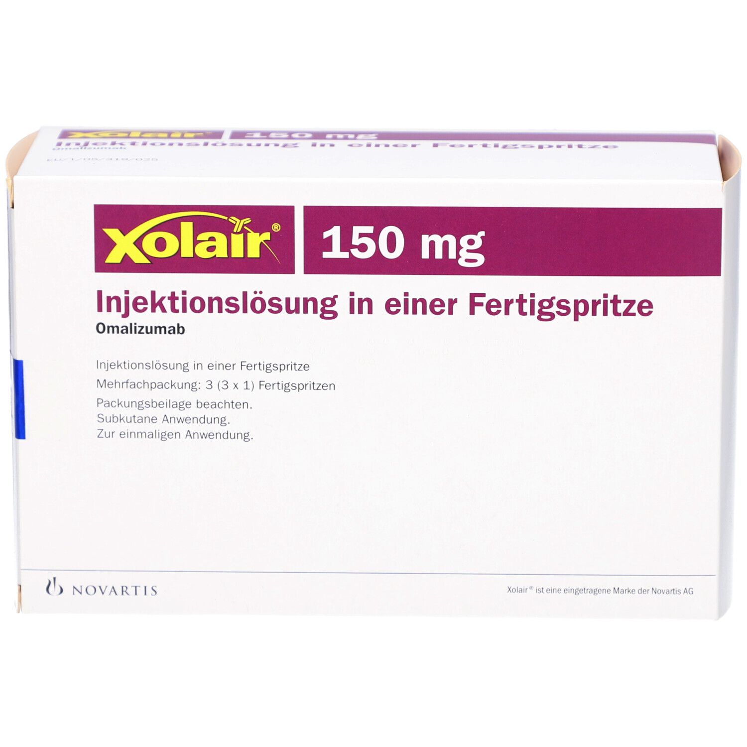 Weiße Schachtel mit Xolair-Logo, 150 mg, Injektionslösung in Fertigspritze. Lila Akzent. Novartis-Logo.