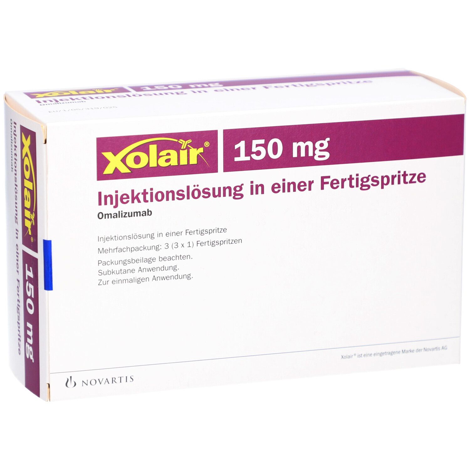Weiße Schachtel mit Xolair-Logo, 150 mg, Injektionslösung in Fertigspritze. Lila Akzent. Novartis-Logo.
