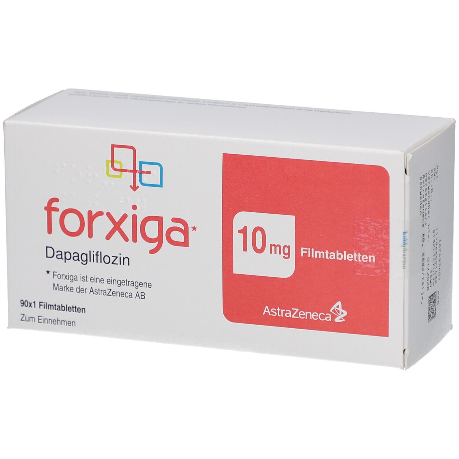 FORXIGA 10 mg Filmtabletten-Packung. Weißer Karton mit rotem Feld und Produktnamen. AstraZeneca-Logo.
