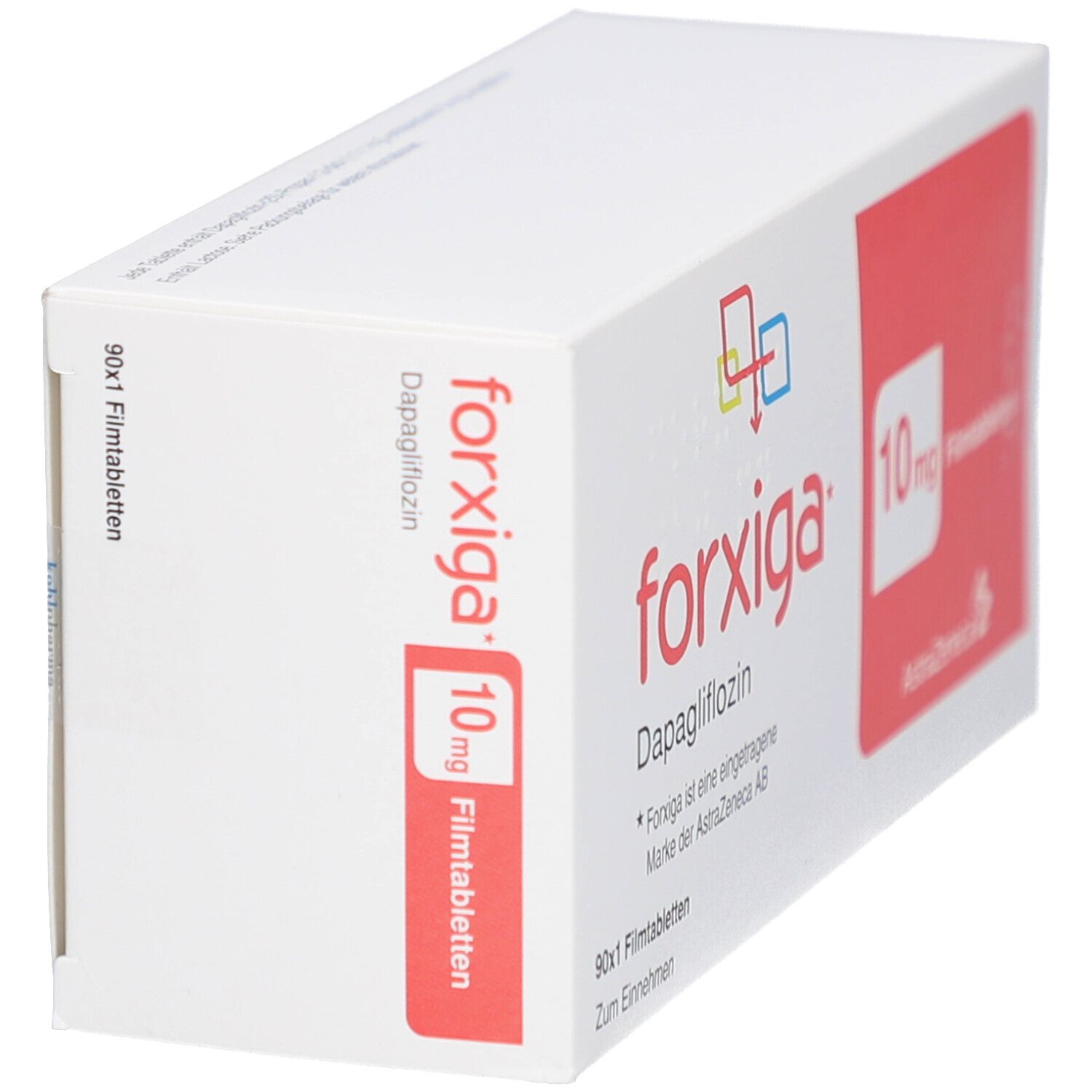 FORXIGA 10 mg Filmtabletten-Packung. Weißer Karton mit rotem Feld und Produktnamen. AstraZeneca-Logo.