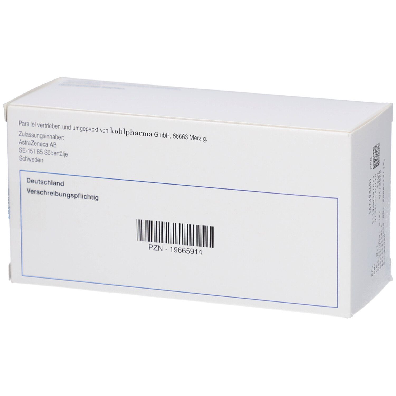 Rückseite der FORXIGA-Packung. Weißer Karton mit Barcode und Text. Angaben zu Hersteller und Vertrieb.