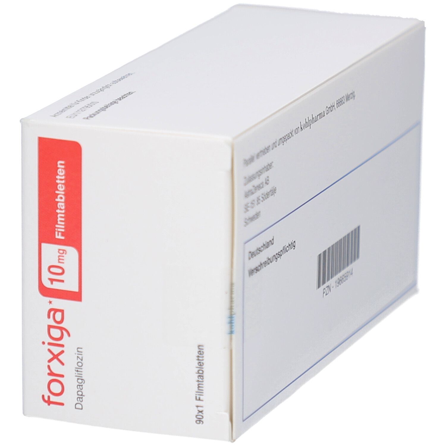 FORXIGA 10 mg Filmtabletten-Packung. Weißer Karton mit rotem Feld und Produktnamen. AstraZeneca-Logo.