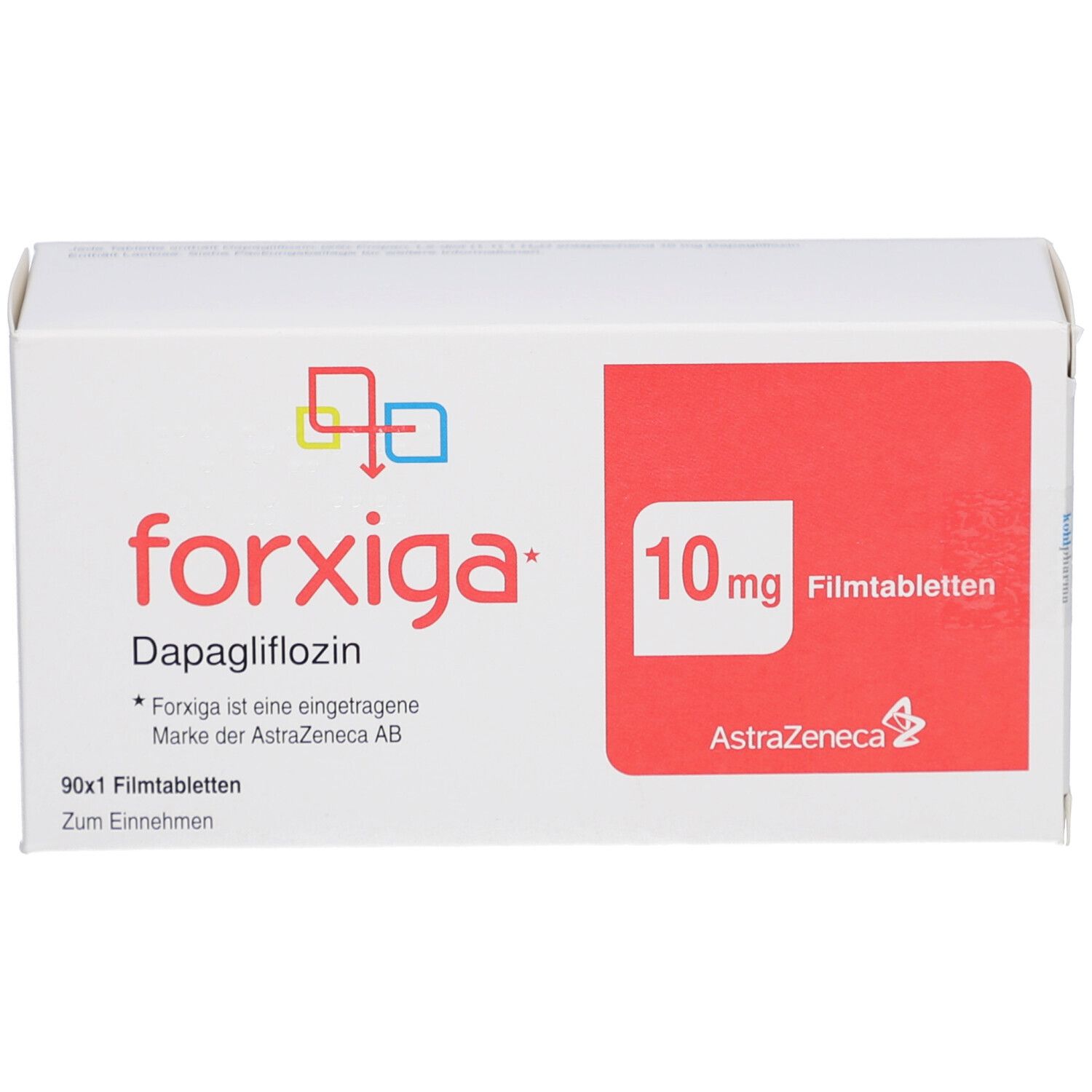 FORXIGA 10 mg Filmtabletten-Packung. Weißer Karton mit rotem Feld und Produktnamen. AstraZeneca-Logo.