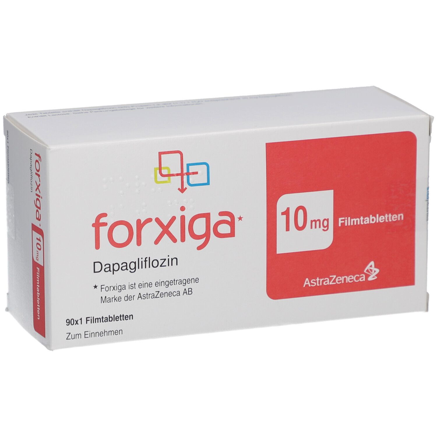 FORXIGA 10 mg Filmtabletten-Packung. Weißer Karton mit rotem Feld und Produktnamen. AstraZeneca-Logo.
