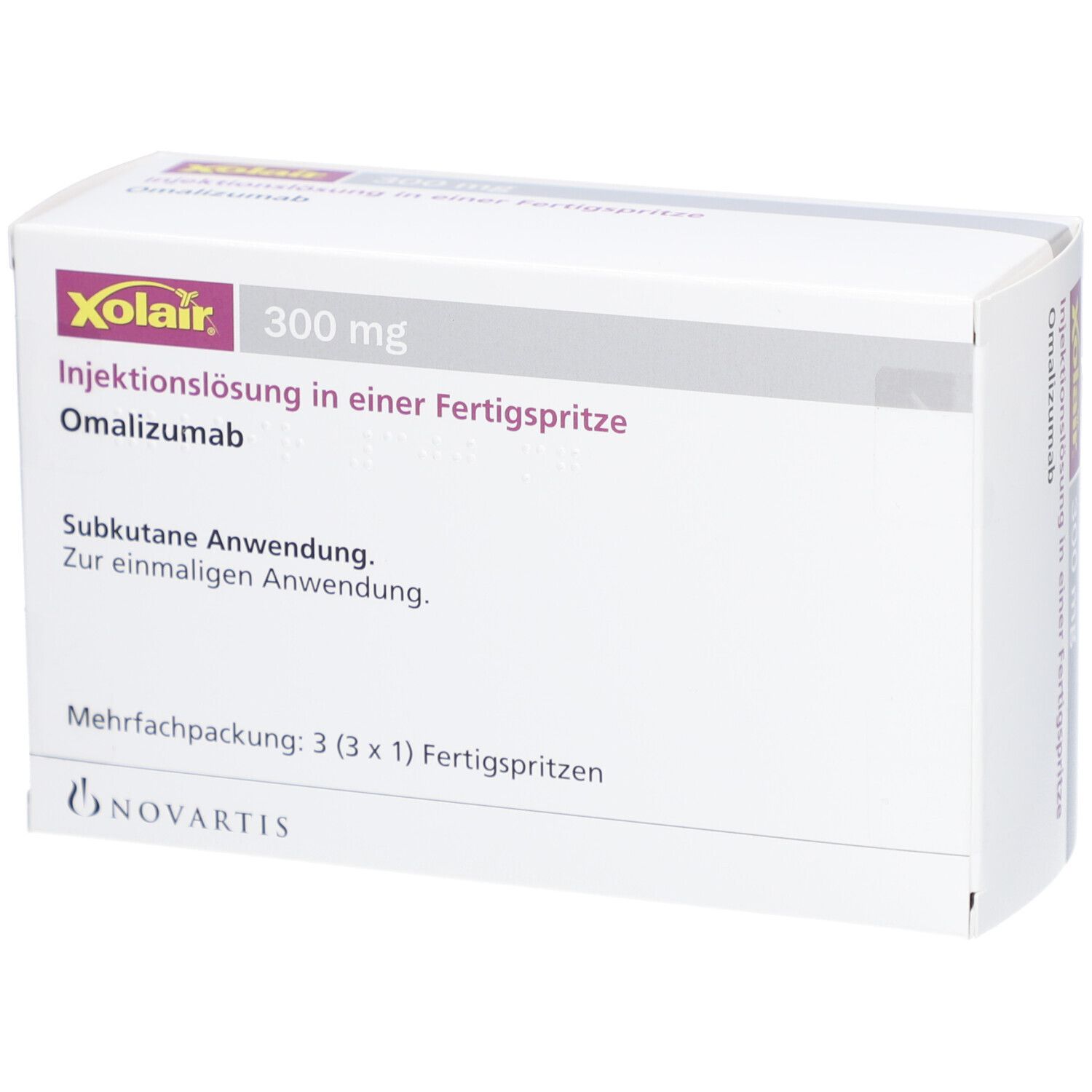 Weiße Verpackung mit Xolair-Logo und Produktinformationen. Enthält 3 Fertigspritzen.