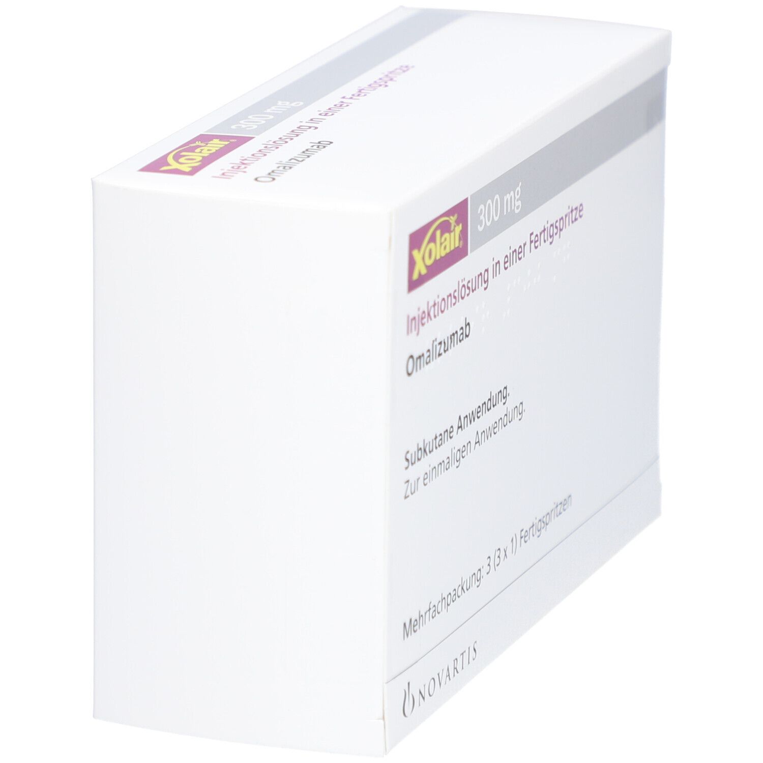 Schräg gestellte weiße Verpackung mit Xolair-Logo und Produktinformationen.