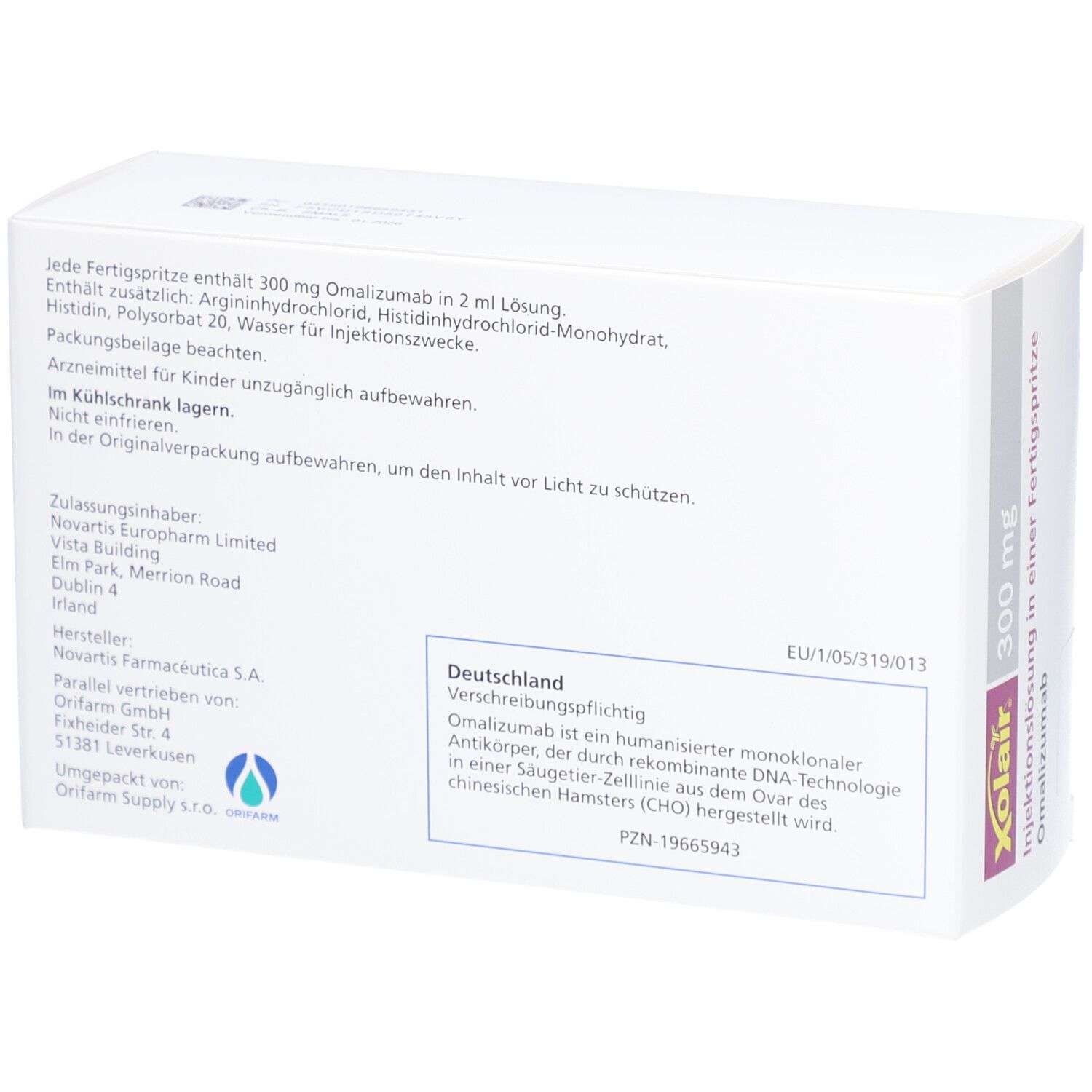 Rückseite der weißen Xolair-Verpackung mit Produktinformationen und Herstellerangaben.
