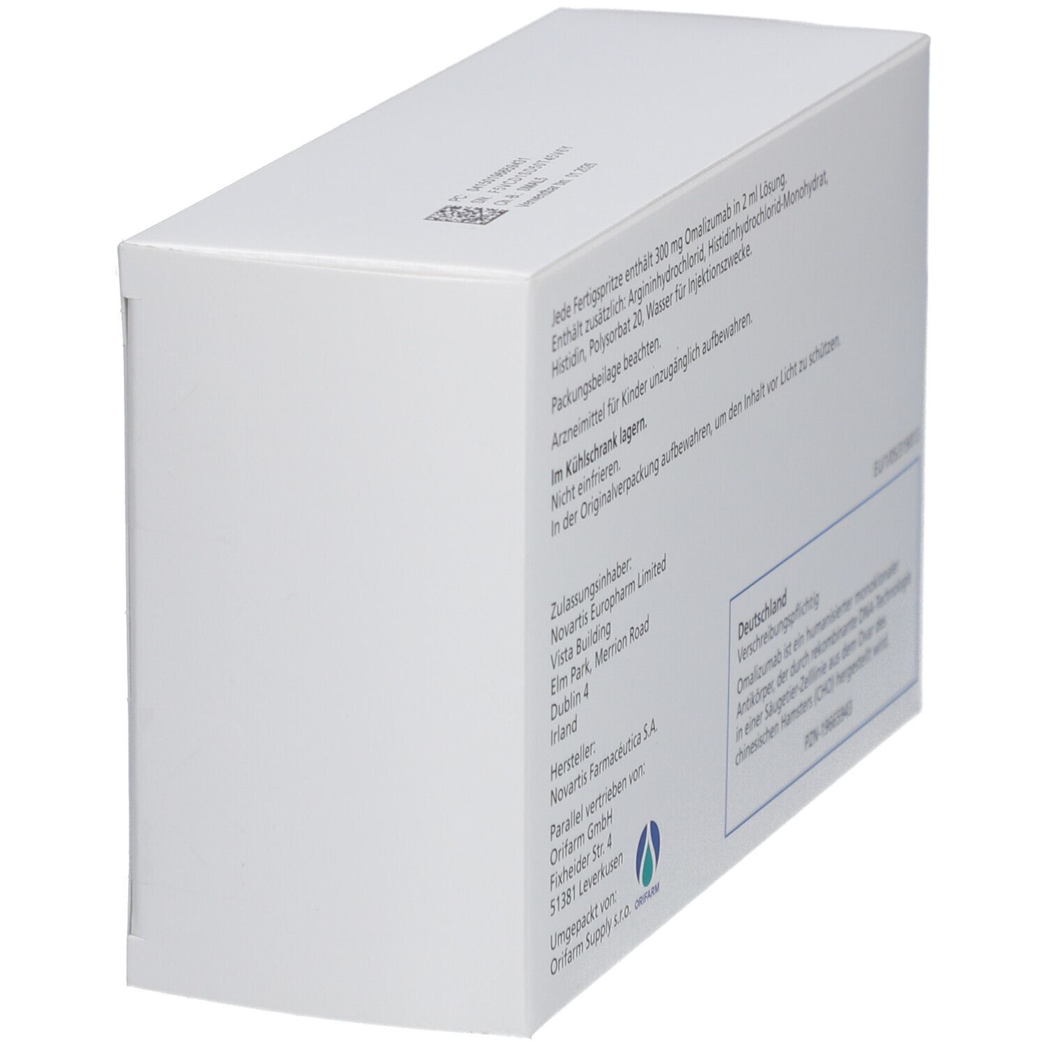 Schräg gestellte weiße Xolair-Verpackung mit Produktinformationen und Herstellerangaben.