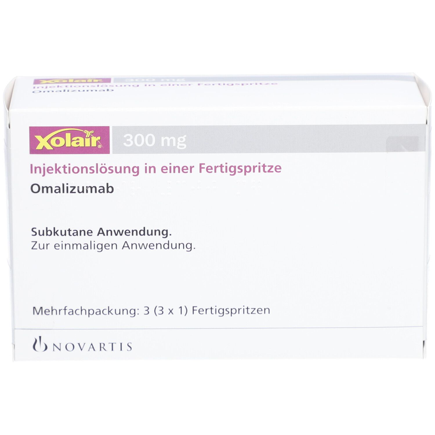 Weiße Verpackung mit Xolair-Logo und Produktinformationen. Enthält 3 Fertigspritzen.