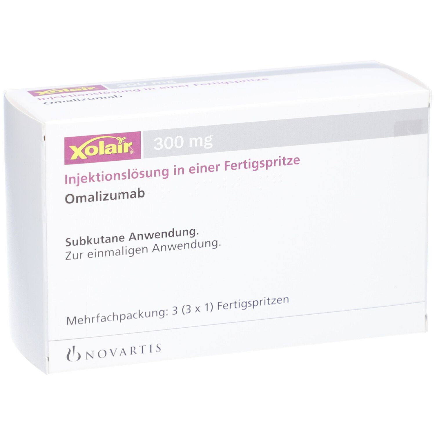 Weiße Verpackung mit Xolair-Logo und Produktinformationen. Enthält 3 Fertigspritzen.