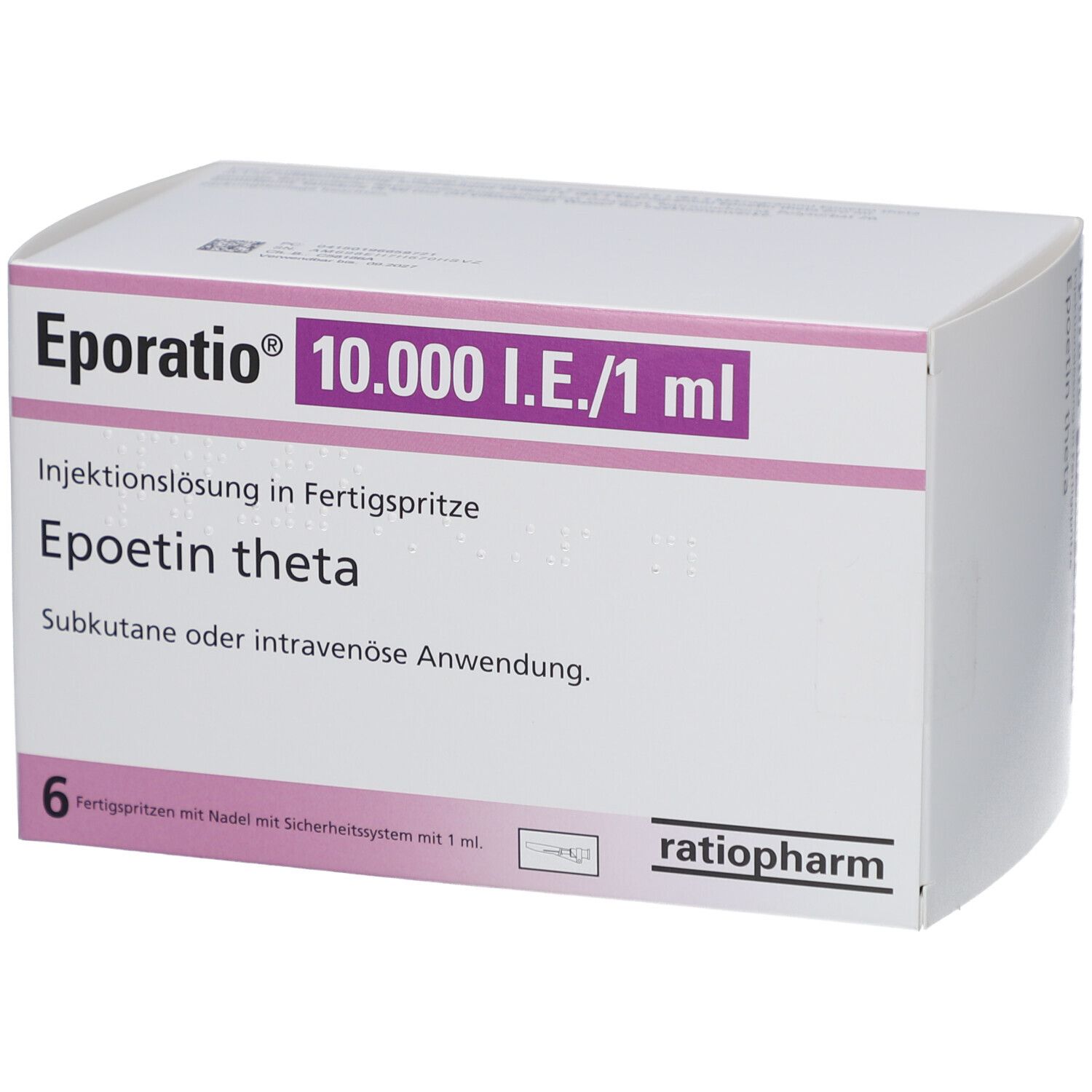 Karton mit EPORATIO 10.000 I.E./1 ml. Enthält 6 Fertigspritzen mit Nadel. Text: Epoetin theta, ratio-pharm.