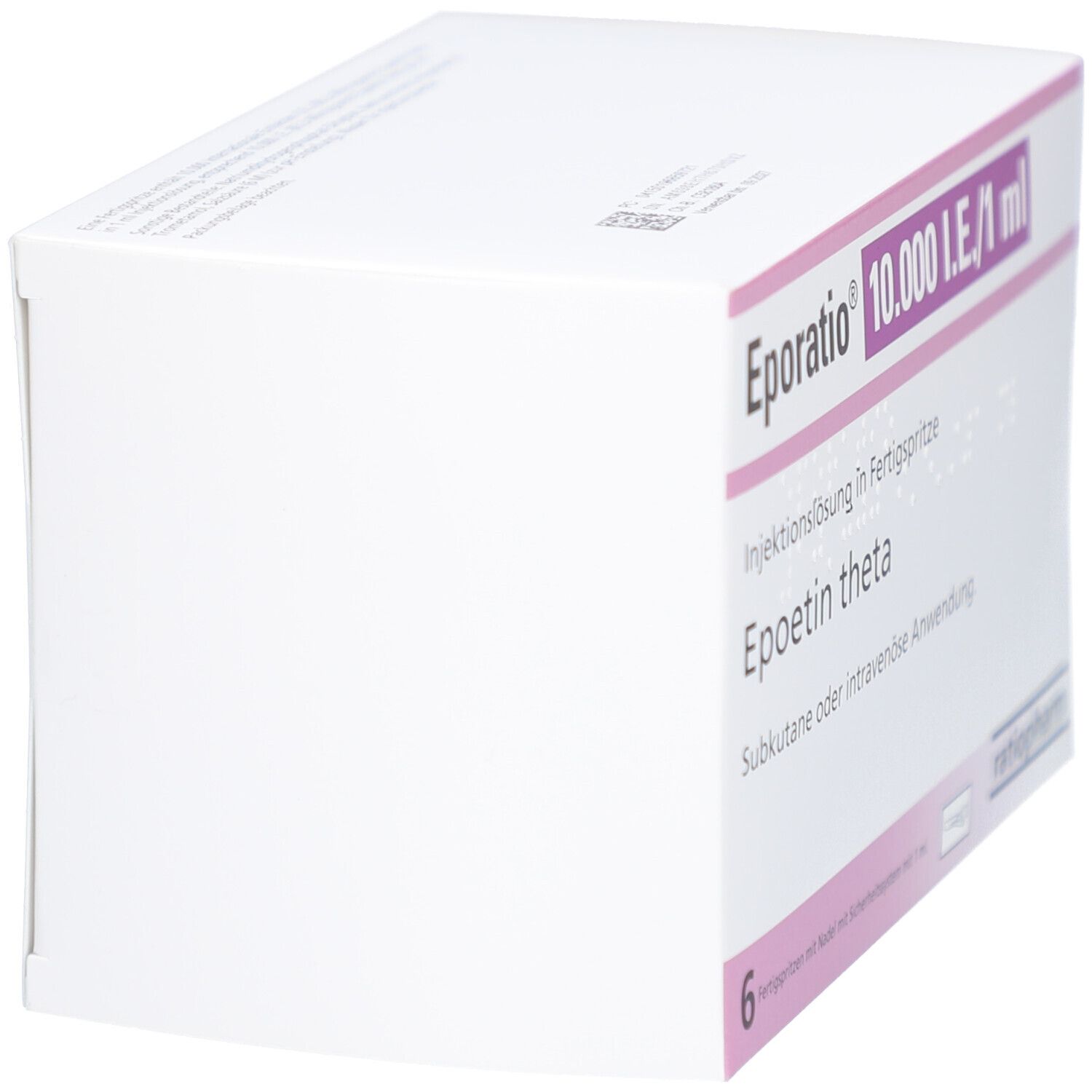 Karton von EPORATIO 10.000 I.E./1 ml. Seitenansicht. Text: Epoetin theta, 6 Fertigspritzen.