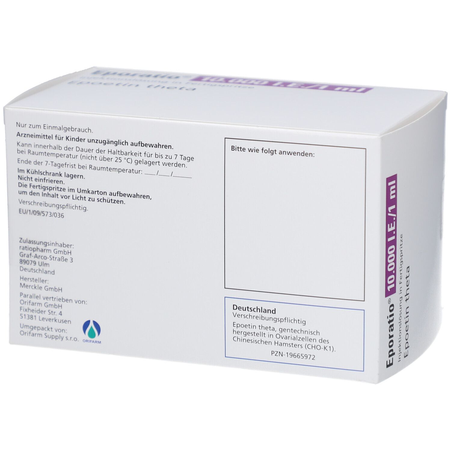 Rückseite der EPORATIO-Packung. Text: Epoetin theta, Hersteller, Chargennummer, Verfallsdatum, Hinweise.