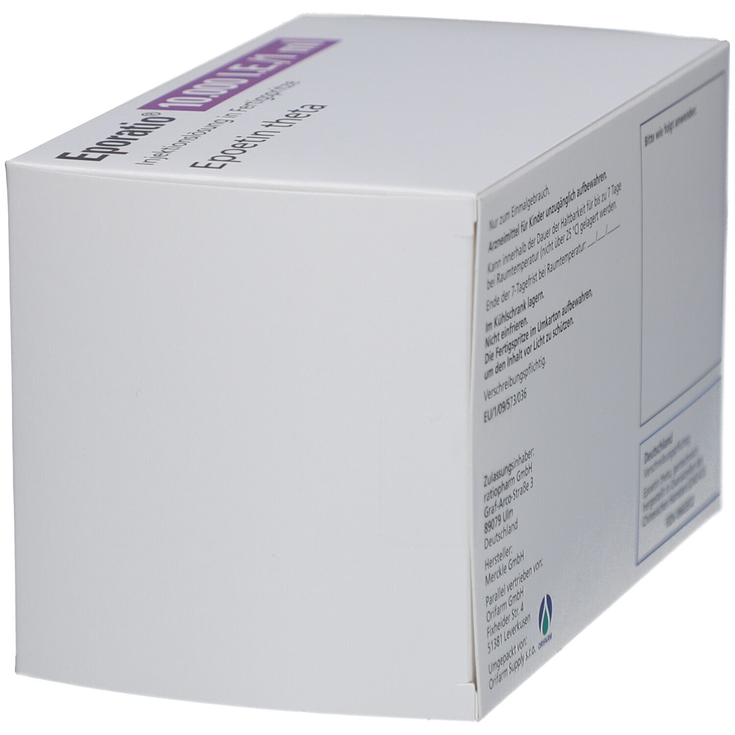 Seitenansicht der EPORATIO-Packung. Text: Epoetin theta, Hinweise zur Anwendung.