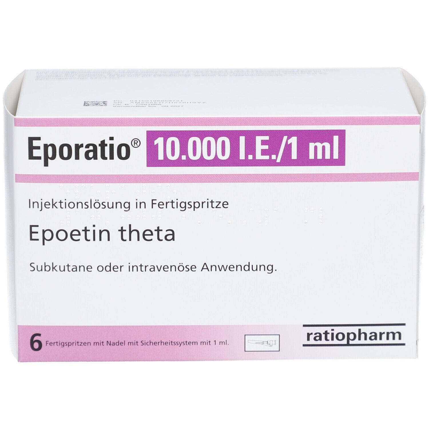 Karton mit EPORATIO 10.000 I.E./1 ml. Enthält 6 Fertigspritzen. Text: Epoetin theta, ratio-pharm.