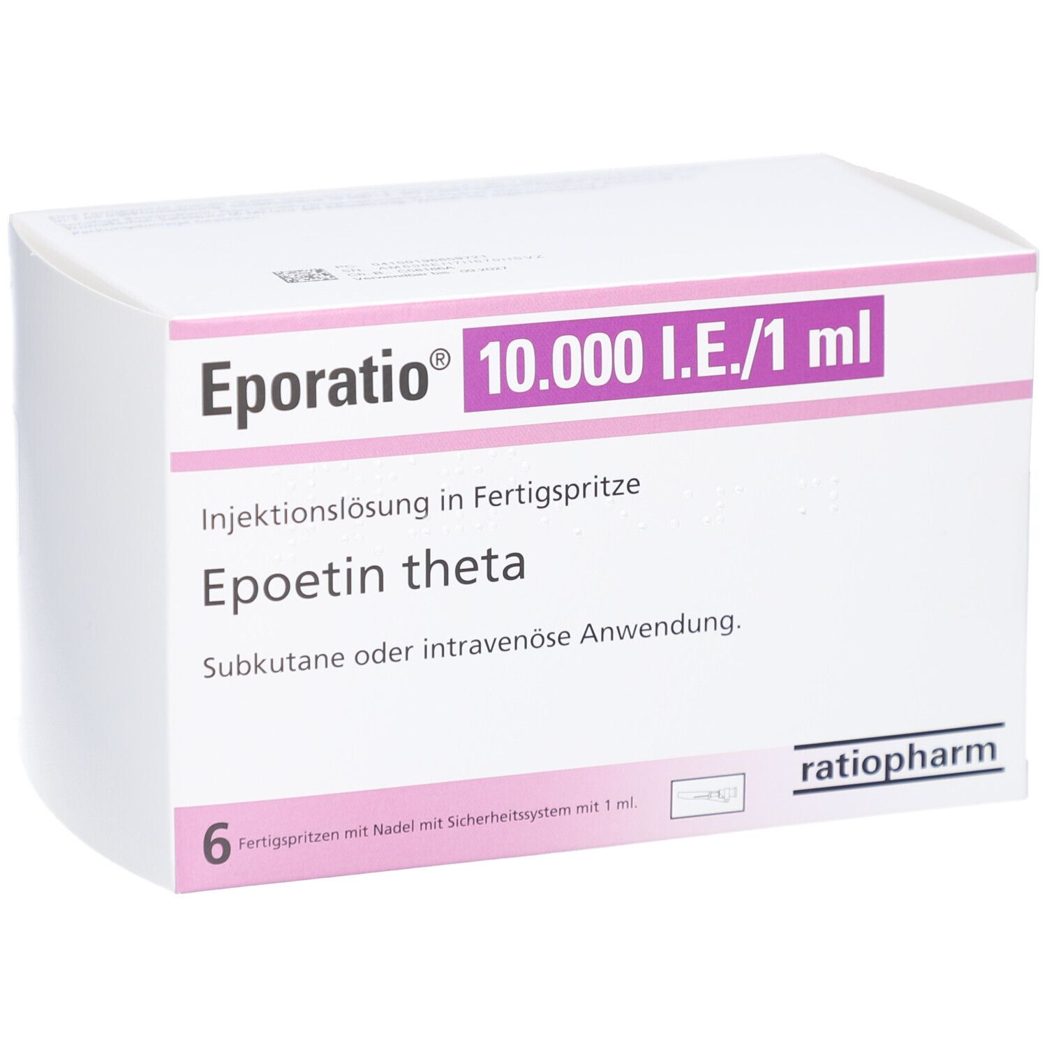 Karton mit EPORATIO 10.000 I.E./1 ml. Enthält 6 Fertigspritzen. Text: Epoetin theta, ratio-pharm.