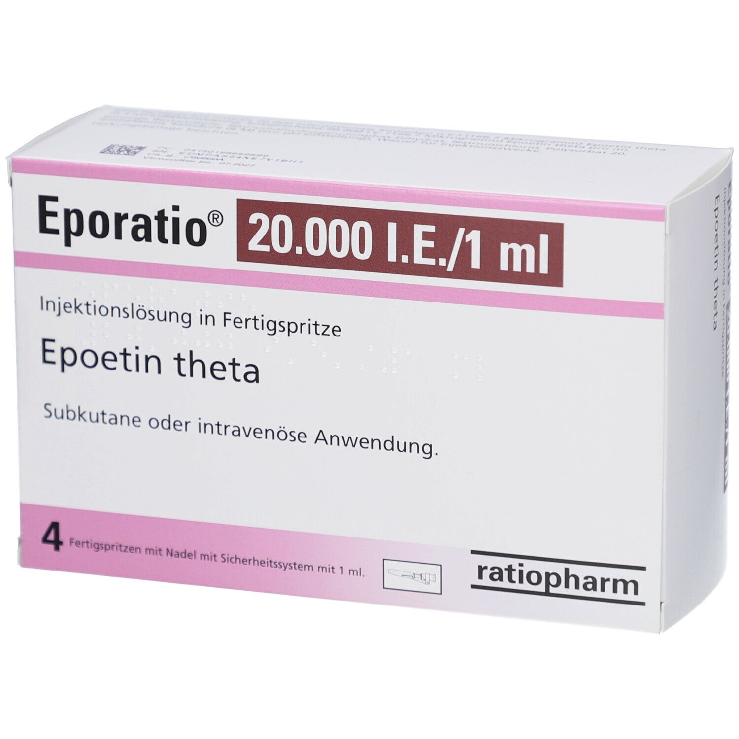 Karton von Eporatio 20.000 I.E./1 ml. Enthält 4 Fertigspritzen. Text: Epoetin theta, subkutane oder intravenöse Anwendung.